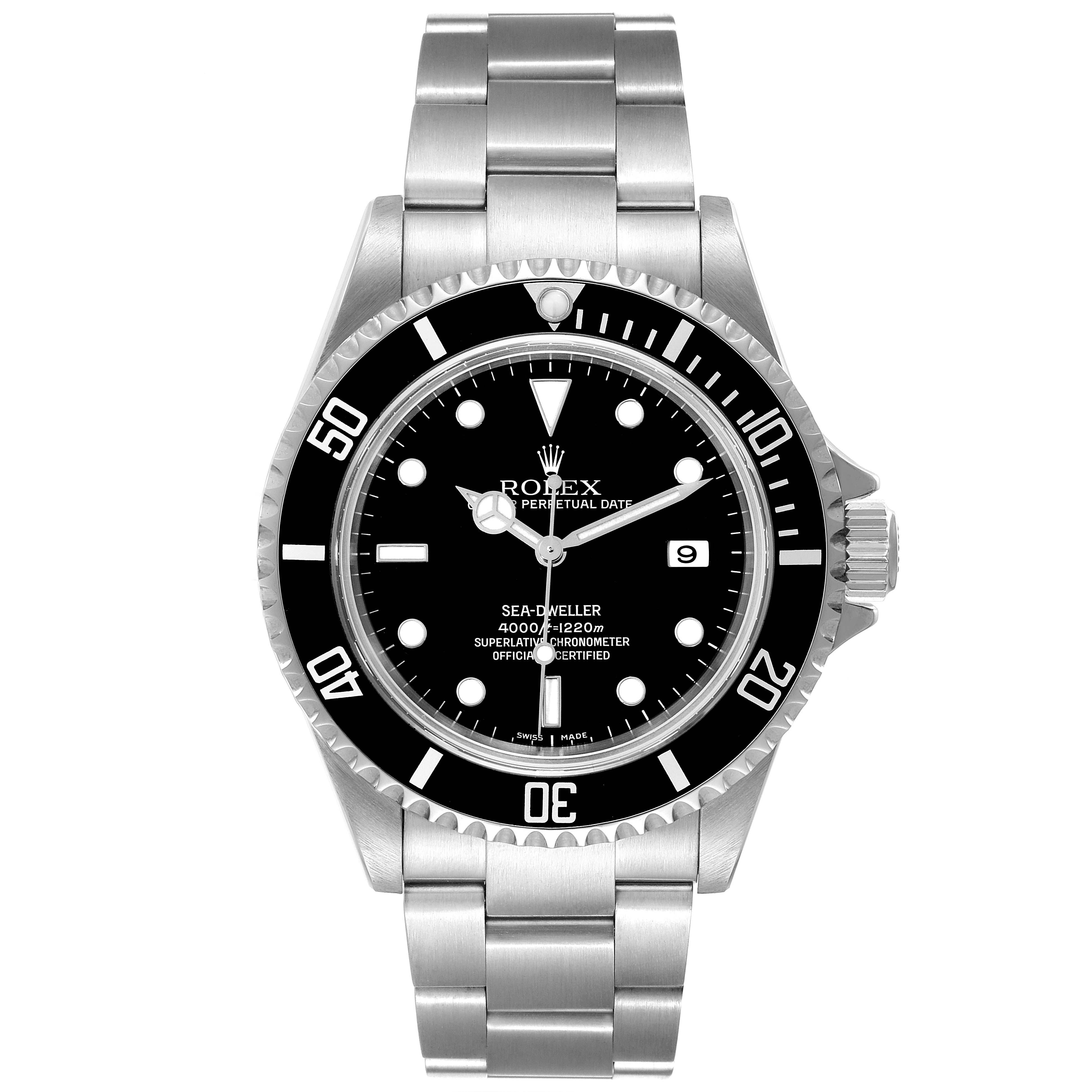 The image shows a front angle of the Rolex Sea-Dweller 16600 Men
s Stainless Steel Black Dial 16600 Men
s Stainless Steel Black Dial watch, displaying the dial, bezel, and bracelet.