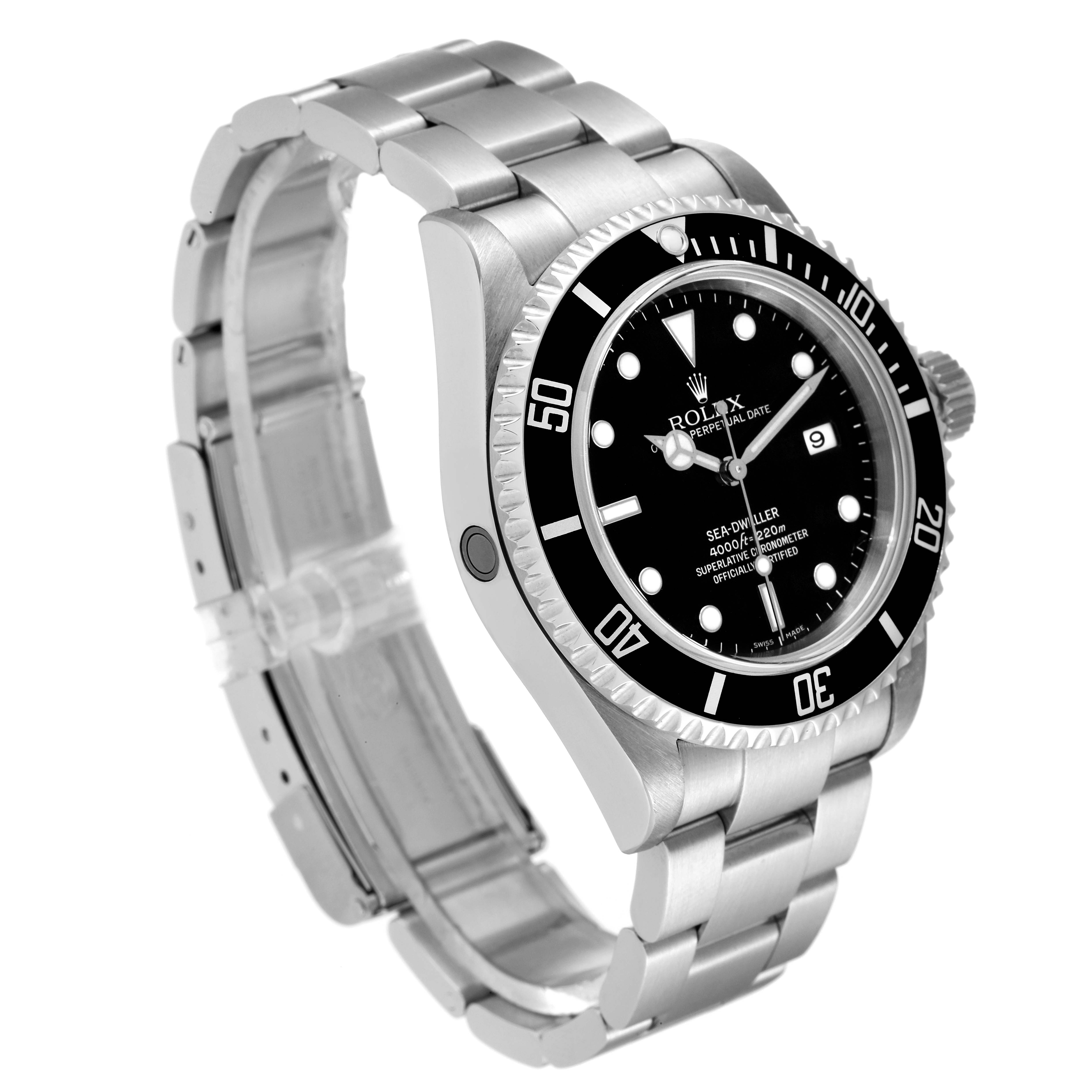 The image shows a Rolex Sea-Dweller 16600 Men
s Stainless Steel Black Dial 16600 Men
s Stainless Steel Black Dial watch at a three-quarter angle, highlighting its face, bezel, and metal bracelet.