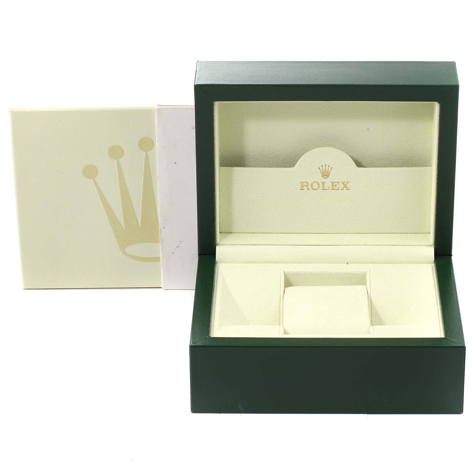 This image shows an open Rolex Sea-Dweller 16600 Men
s Stainless Steel Black Dial 16600 Men
s Stainless Steel Black Dial watch box with its lid and inner compartments visible.