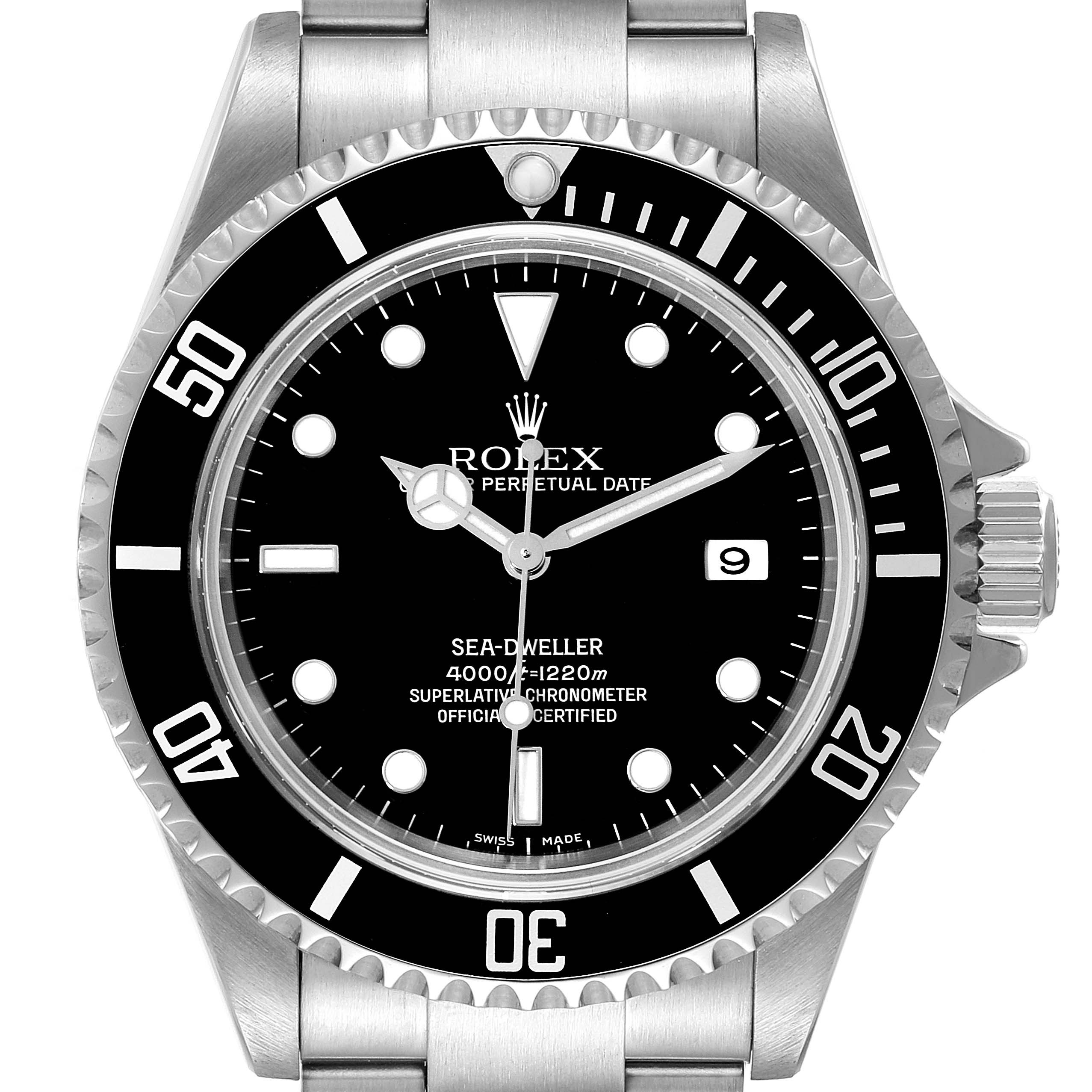 This image shows a front view of the Rolex Sea-Dweller 16600 Men
s Stainless Steel Black Dial 16600 Men
s Stainless Steel Black Dial watch, highlighting its dial, bezel, and part of the bracelet.