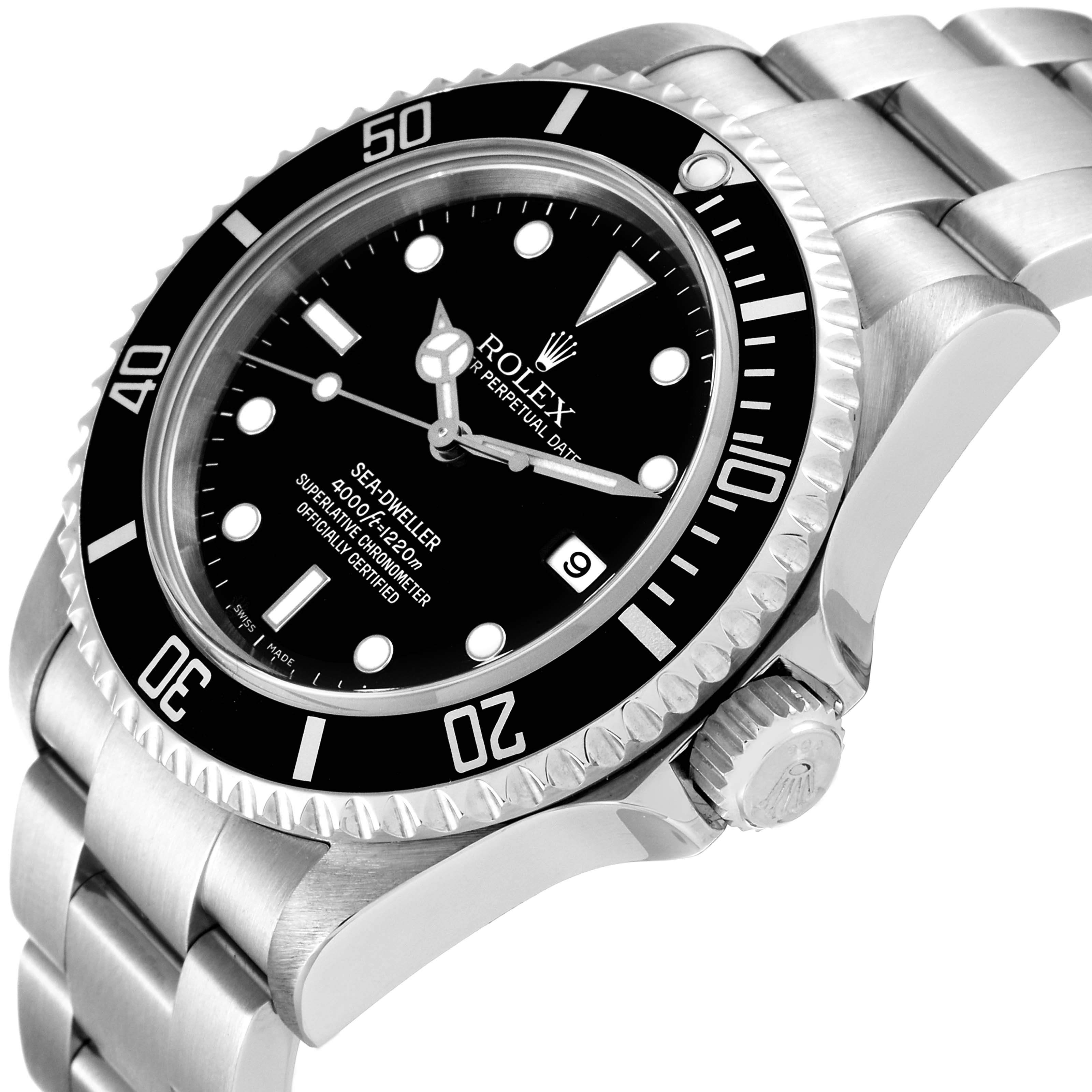 This image shows a close-up, angled view of the Rolex Sea-Dweller 16600 Men
s Stainless Steel Black Dial 16600 Men
s Stainless Steel Black Dial watch, highlighting the dial, bezel, crown, and a portion of the bracelet.