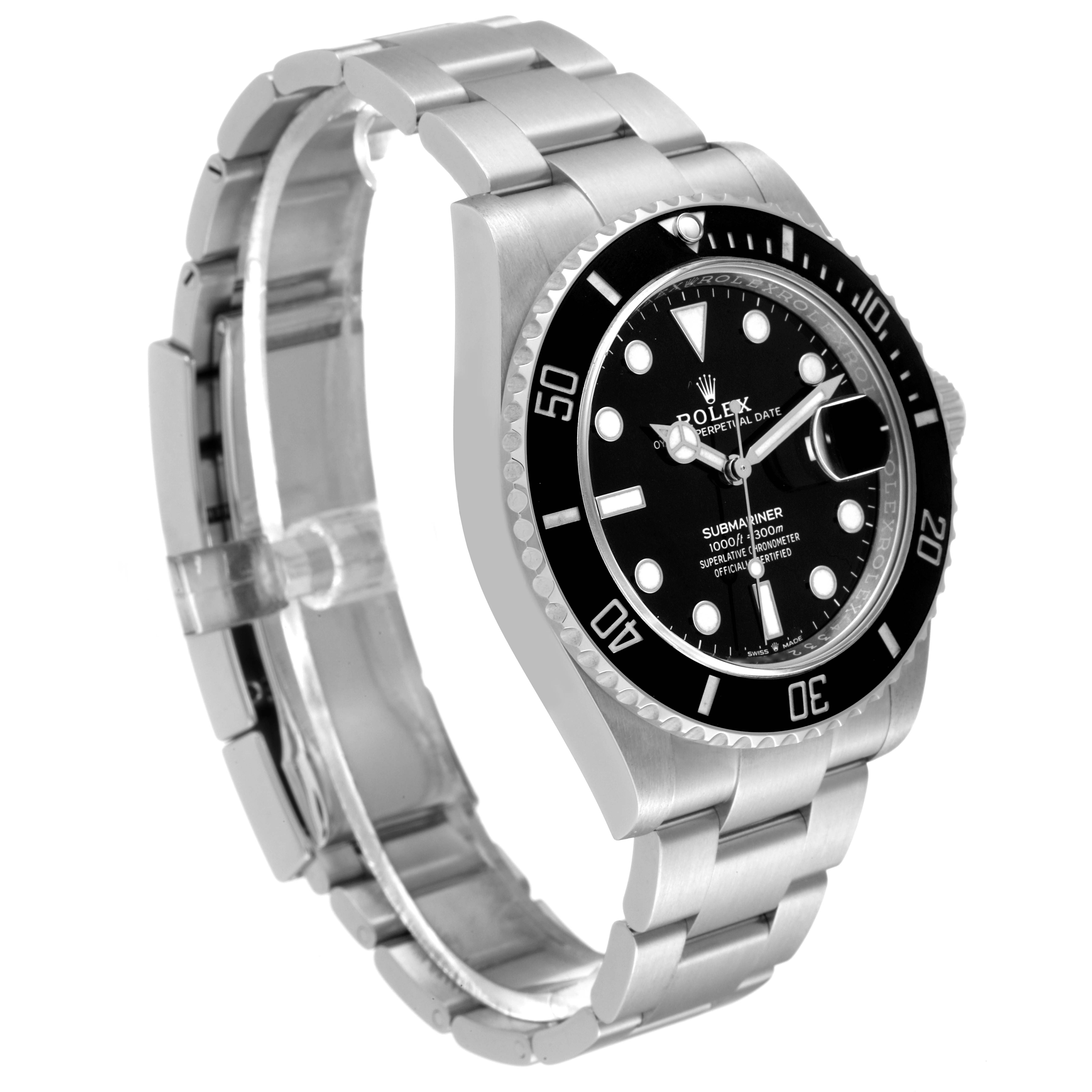 The image shows a three-quarter view of the Rolex Submariner 126610LN Men
s Stainless Steel Black Dial 126610LN Men
s Stainless Steel Black Dial watch, highlighting its face, bezel, and metal bracelet.
