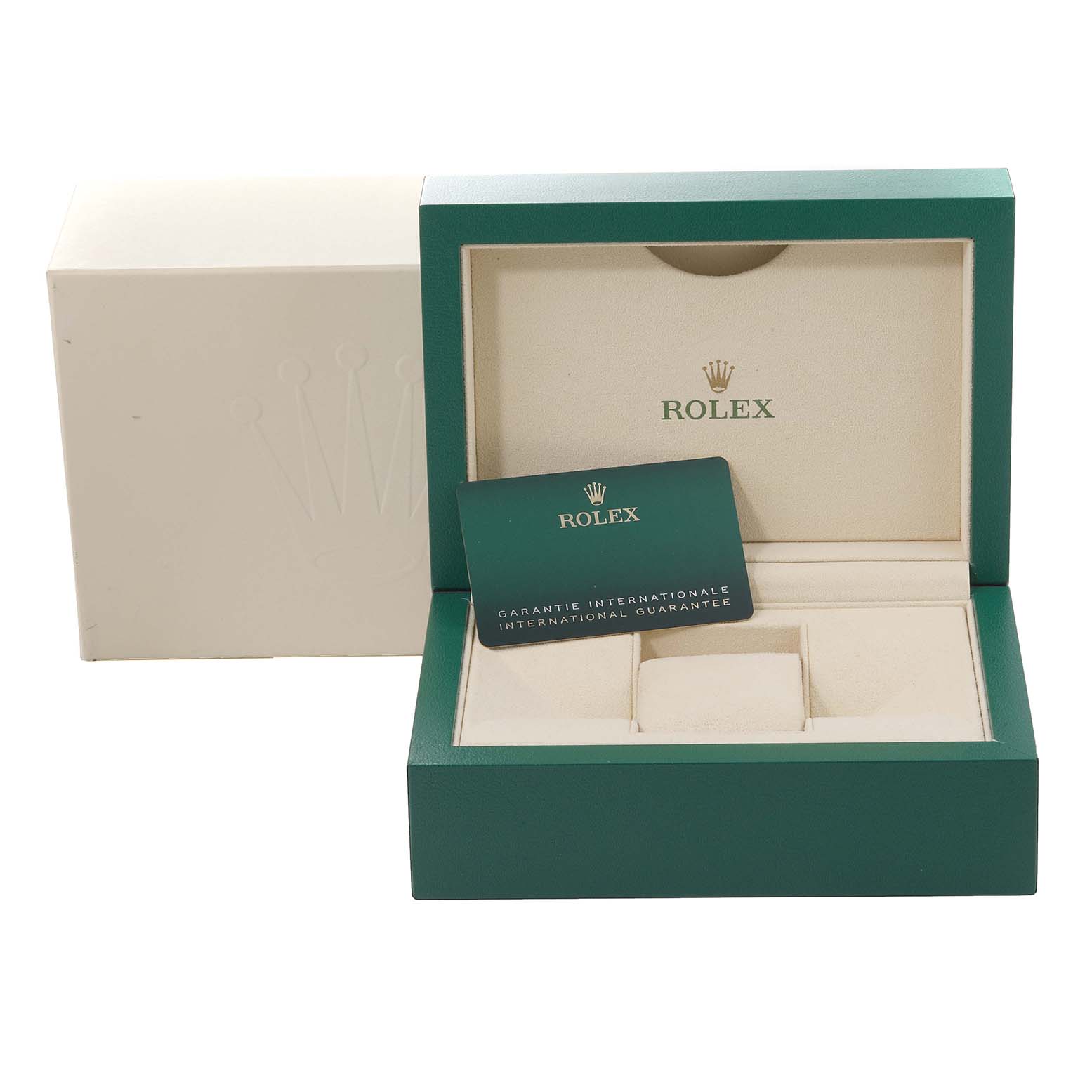 The image shows an open Rolex Submariner 126610LN Men
s Stainless Steel Black Dial 126610LN Men
s Stainless Steel Black Dial watch box, revealing the inner lining and an international guarantee card.