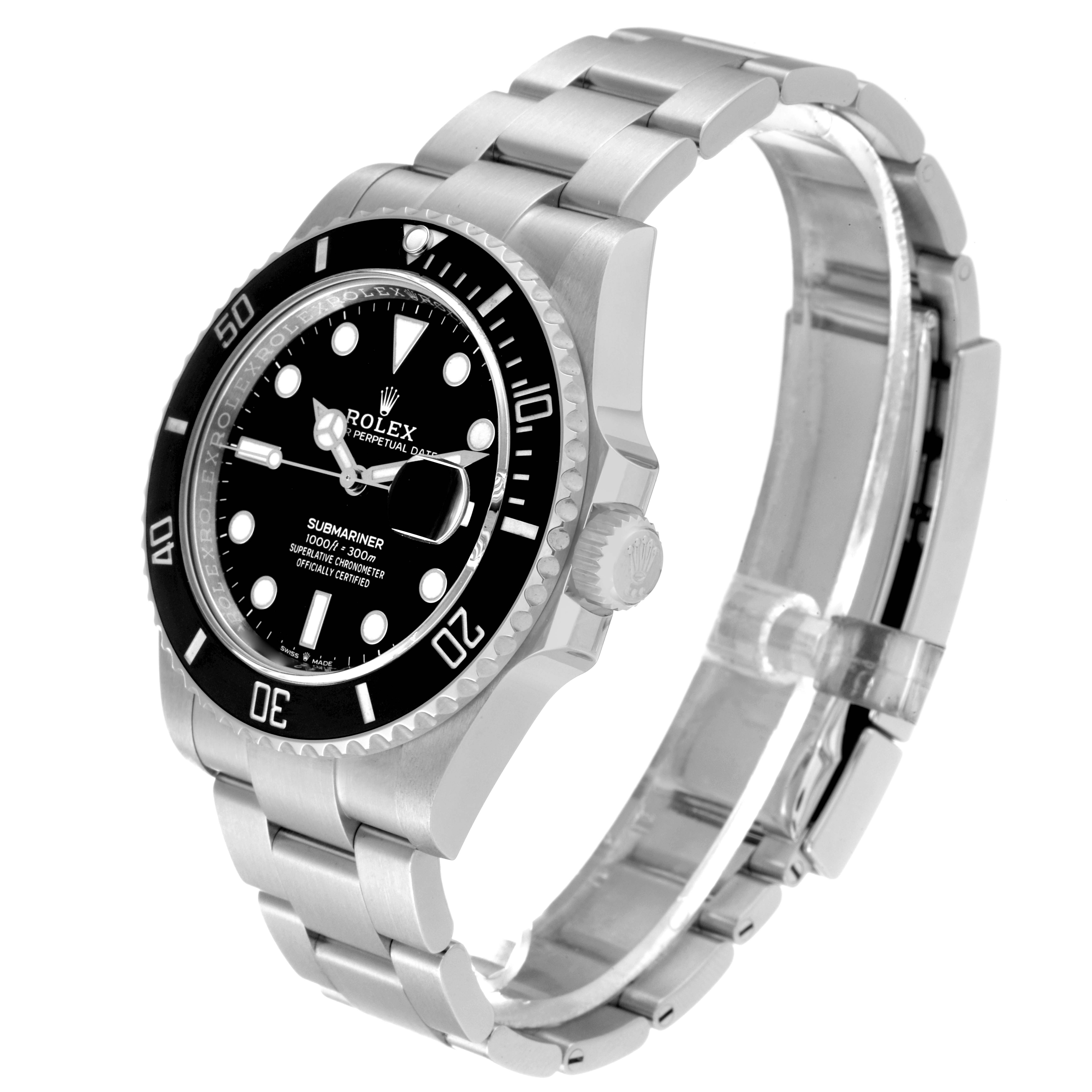 This image shows a Rolex Submariner 126610LN Men
s Stainless Steel Black Dial 126610LN Men
s Stainless Steel Black Dial watch at a three-quarter angle, highlighting the watch face, bezel, crown, and bracelet.