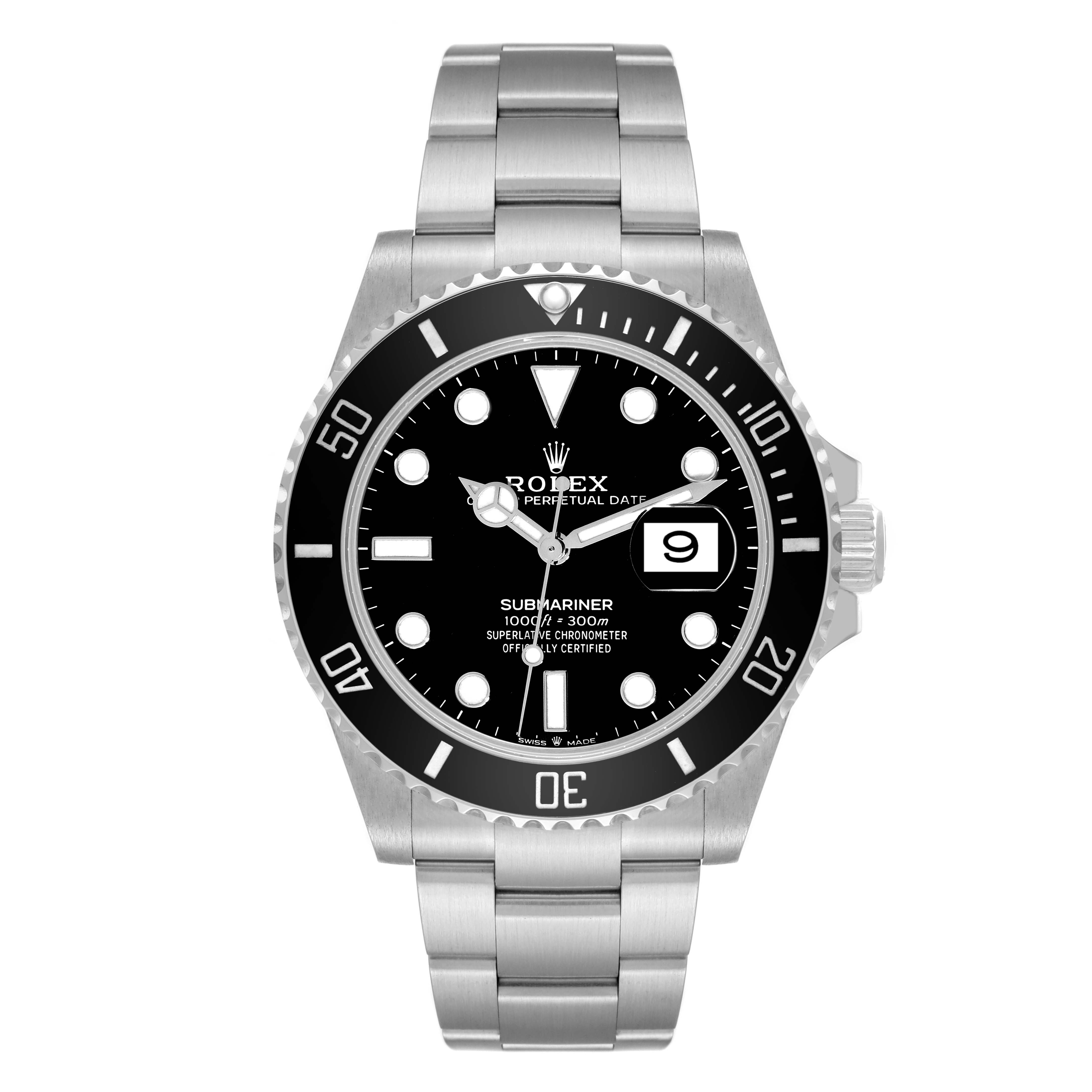 The image shows a front view of a Rolex Submariner 126610LN Men
s Stainless Steel Black Dial 126610LN Men
s Stainless Steel Black Dial watch, displaying its face, bezel, and bracelet.