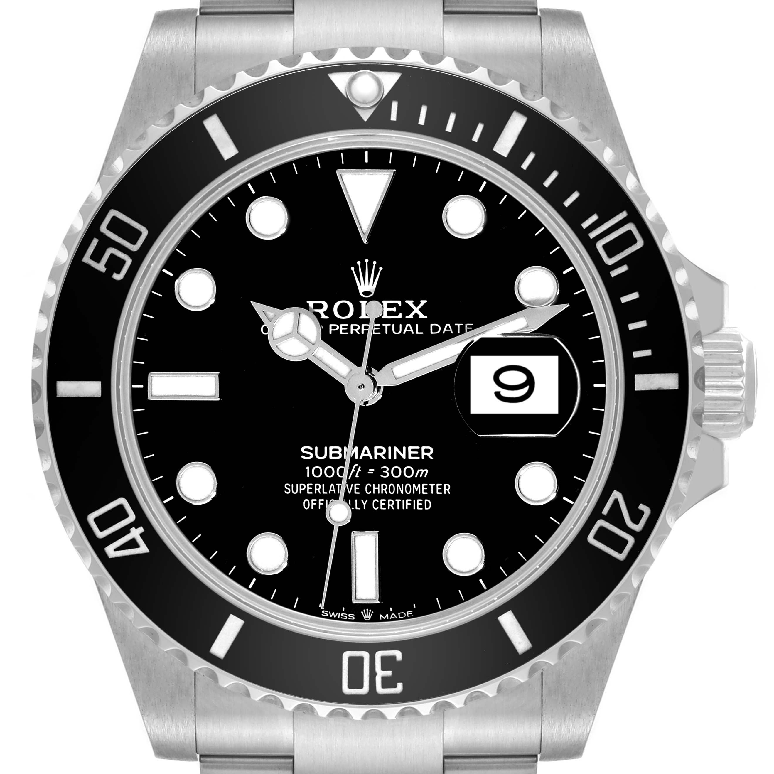 The image shows a front view of a Rolex Submariner 126610LN Men
s Stainless Steel Black Dial 126610LN Men
s Stainless Steel Black Dial watch, displaying its face, bezel, and crown.