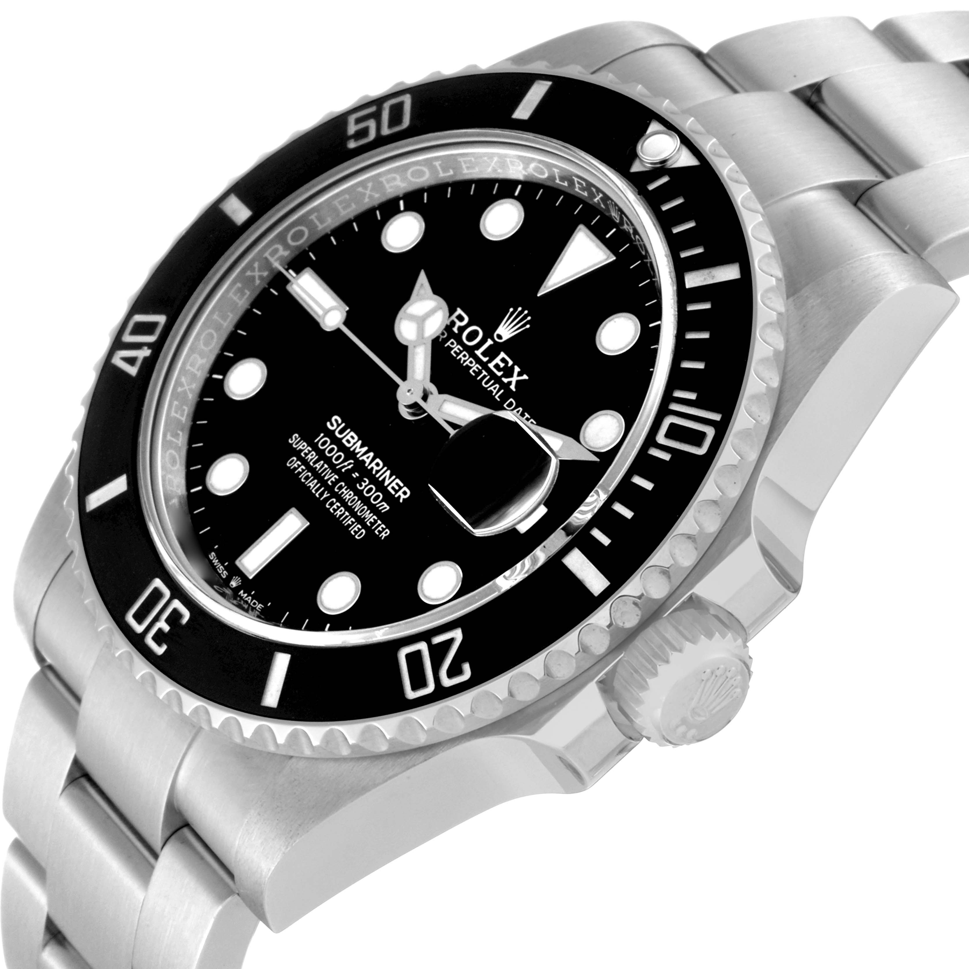 This image shows a close-up angle of the Rolex Submariner 126610LN Men
s Stainless Steel Black Dial 126610LN Men
s Stainless Steel Black Dial watch displaying the dial, bezel, bracelet, and crown.