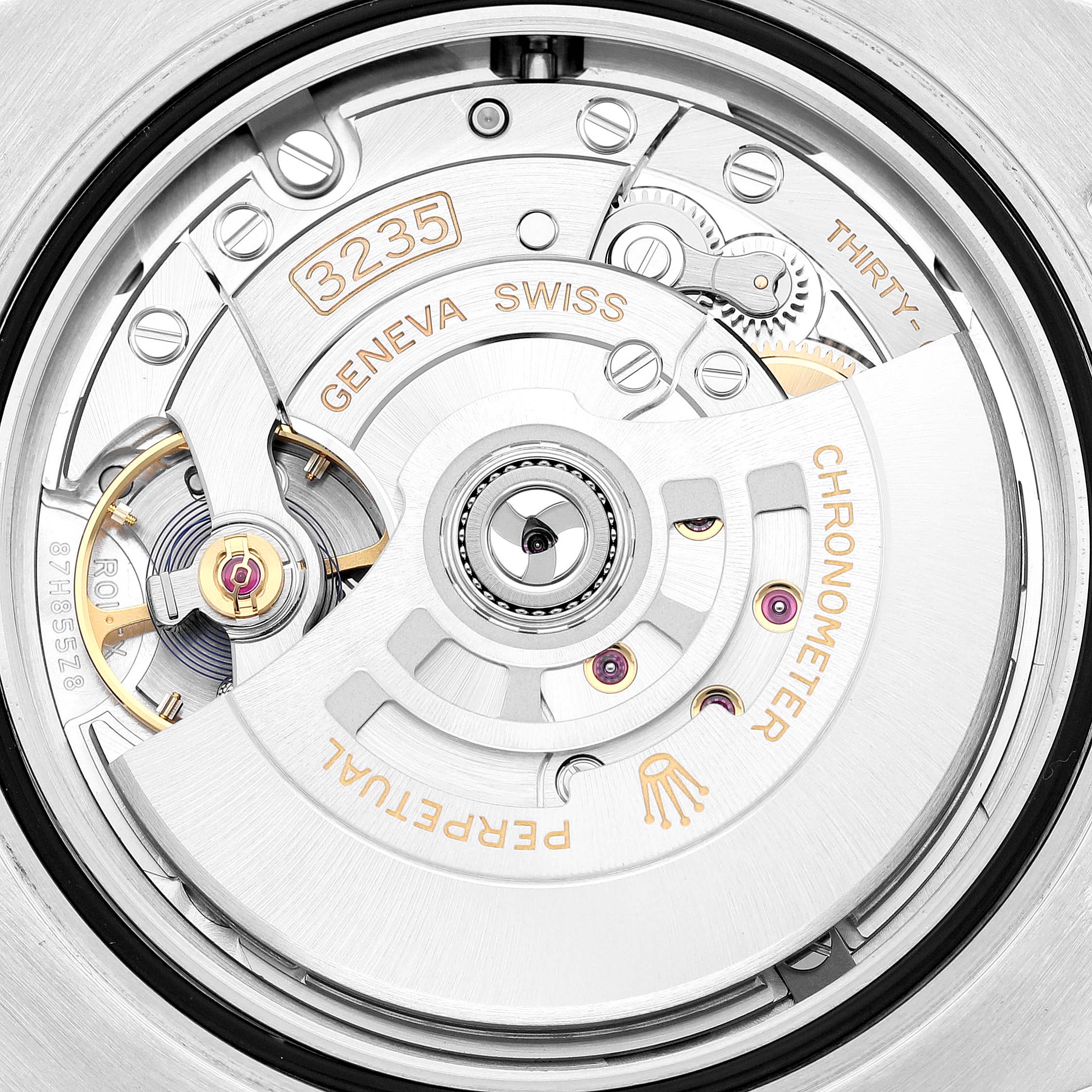 This image shows the detailed movement mechanism of a Rolex Submariner 126610LN Men
s Stainless Steel Black Dial 126610LN Men
s Stainless Steel Black Dial, specifically the Caliber 3235.