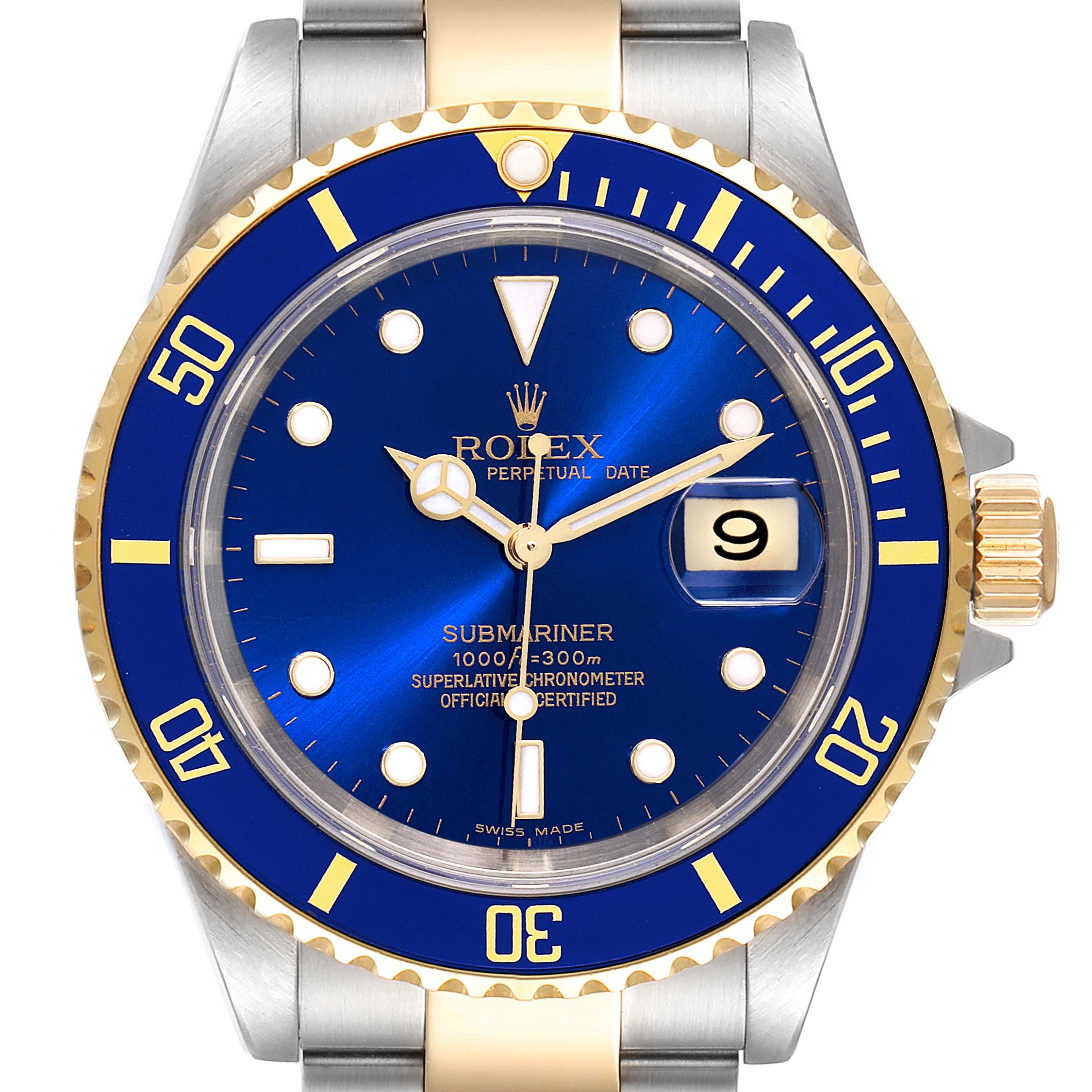 The image shows a front view of the Rolex Submariner 16613 Men's Steel and Gold (two tone) Blue Dial 16613 Men's Steel and Gold (two tone) Blue Dial watch, highlighting its blue dial, bezel, and stainless steel bracelet with gold accents.