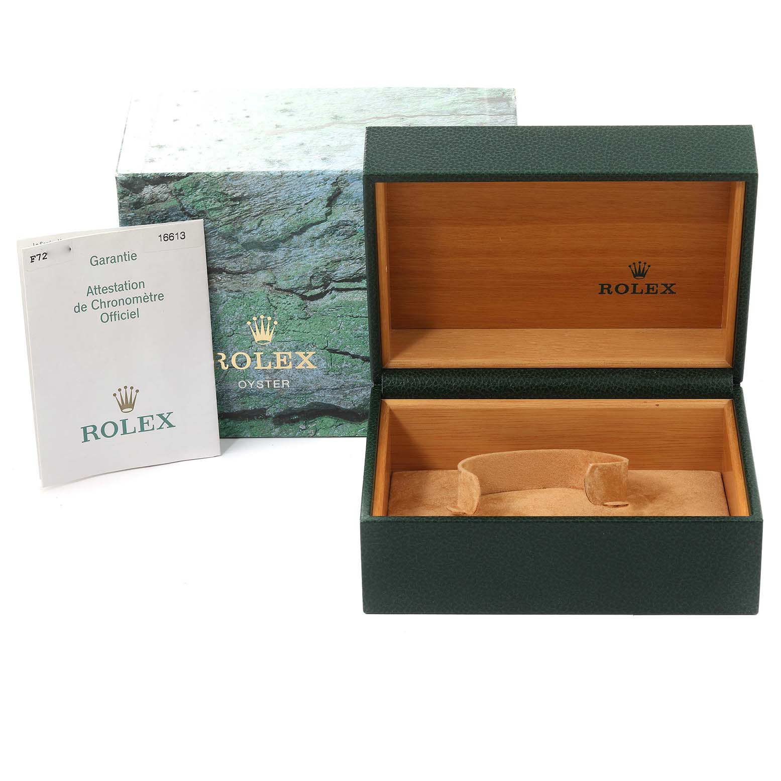 The image shows an open Rolex Submariner 16613 Men's Steel and Gold (two tone) Blue Dial 16613 Men's Steel and Gold (two tone) Blue Dial watch box, a warranty booklet, and the outer packaging from a top view.