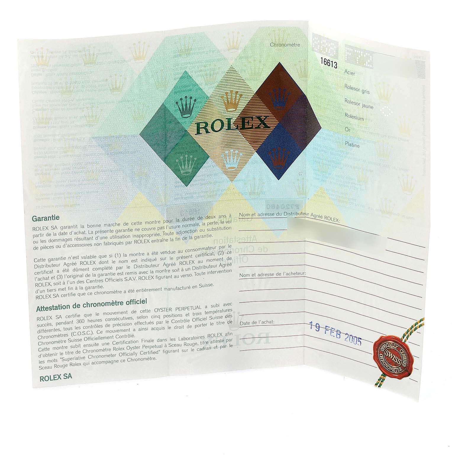 The image shows the warranty and certification documents for a Rolex Submariner 16613 Men's Steel and Gold (two tone) Blue Dial 16613 Men's Steel and Gold (two tone) Blue Dial watch at an oblique angle.