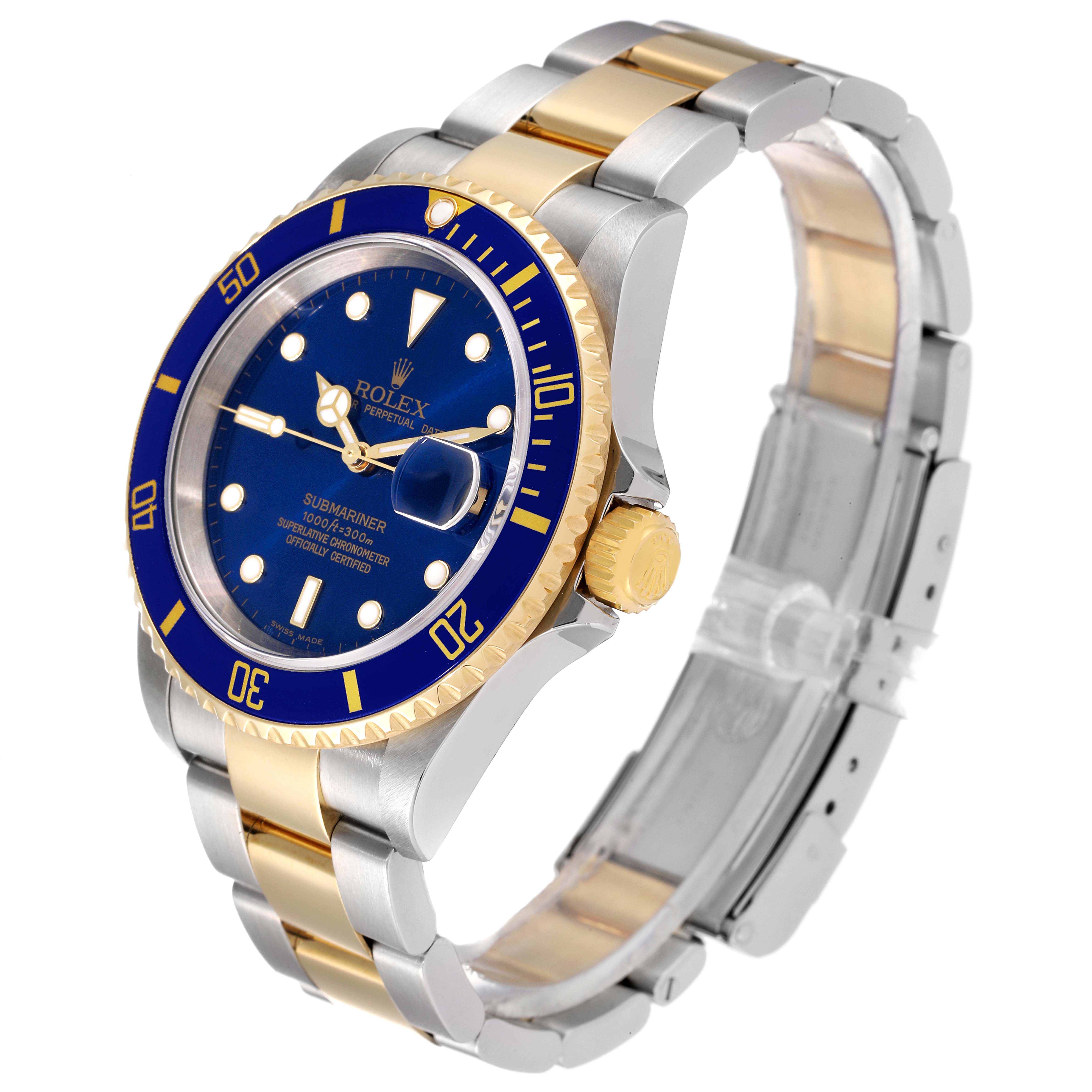 The image shows a side and front angle of a Rolex Submariner 16613 Men's Steel and Gold (two tone) Blue Dial 16613 Men's Steel and Gold (two tone) Blue Dial watch, highlighting the bezel, dial, crown, and bracelet.