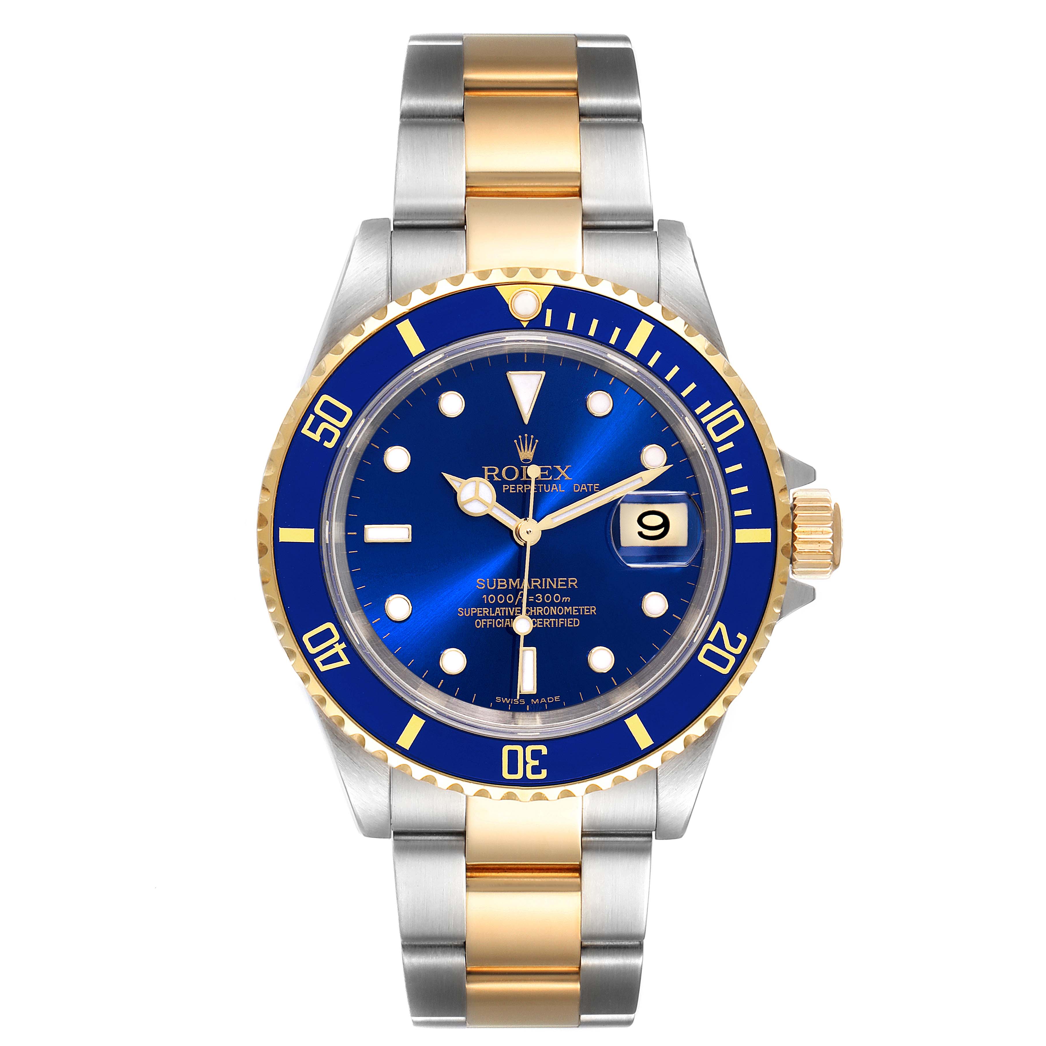 The image shows a frontal view of a Rolex Submariner 16613 Men's Steel and Gold (two tone) Blue Dial 16613 Men's Steel and Gold (two tone) Blue Dial watch with a blue dial and bezel, and a two-tone metal bracelet.