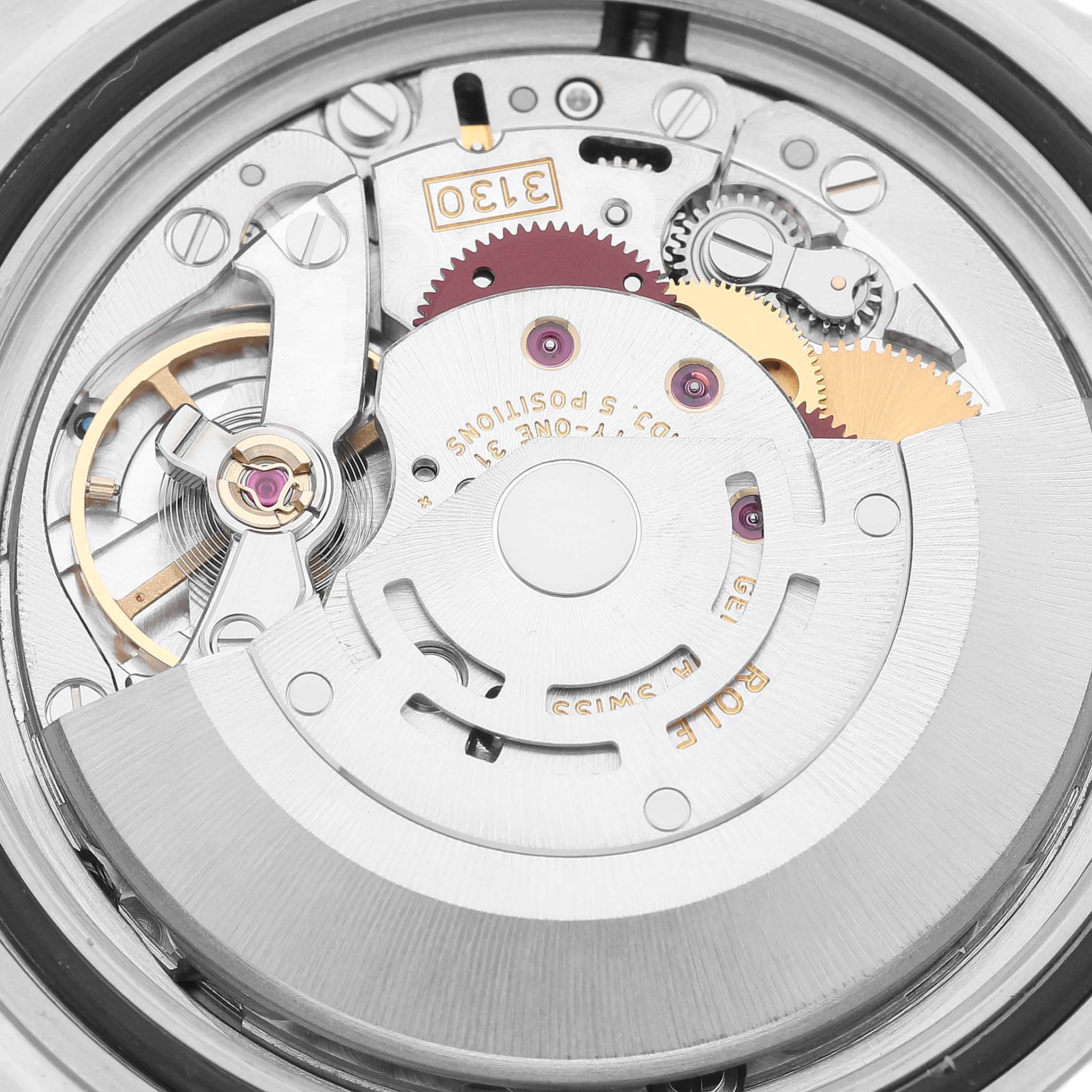 The image shows a close-up view of the movement mechanism inside a Rolex Submariner 14060 Men
s Stainless Steel Black Dial 14060 Men
s Stainless Steel Black Dial watch.