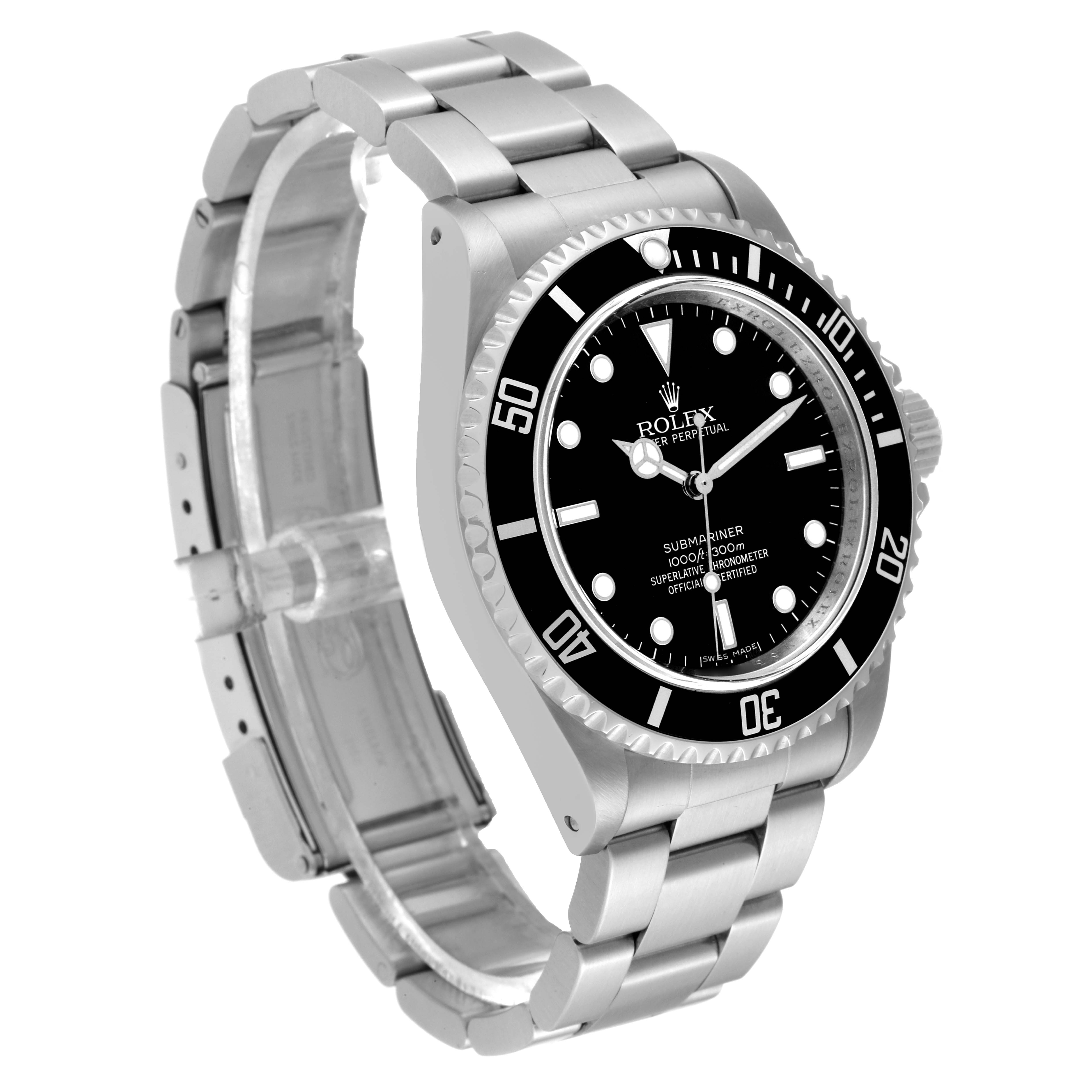 The image shows a side view of a Rolex Submariner 14060 Men
s Stainless Steel Black Dial 14060 Men
s Stainless Steel Black Dial watch, including its dial, bezel, case, and bracelet.