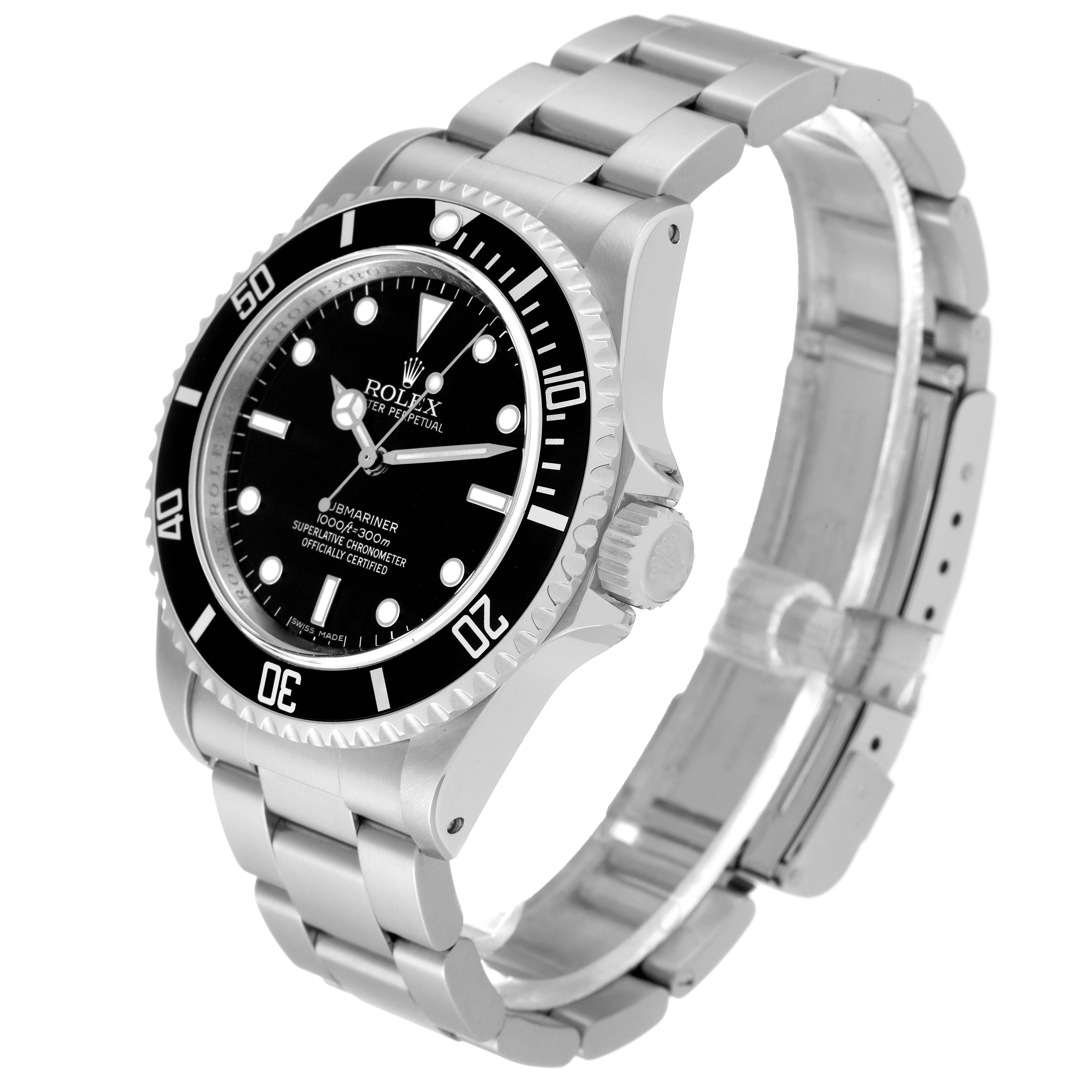 The image shows a side angle of the Rolex Submariner 14060 Men
s Stainless Steel Black Dial 14060 Men
s Stainless Steel Black Dial watch, highlighting its black dial, bezel, and stainless steel bracelet.