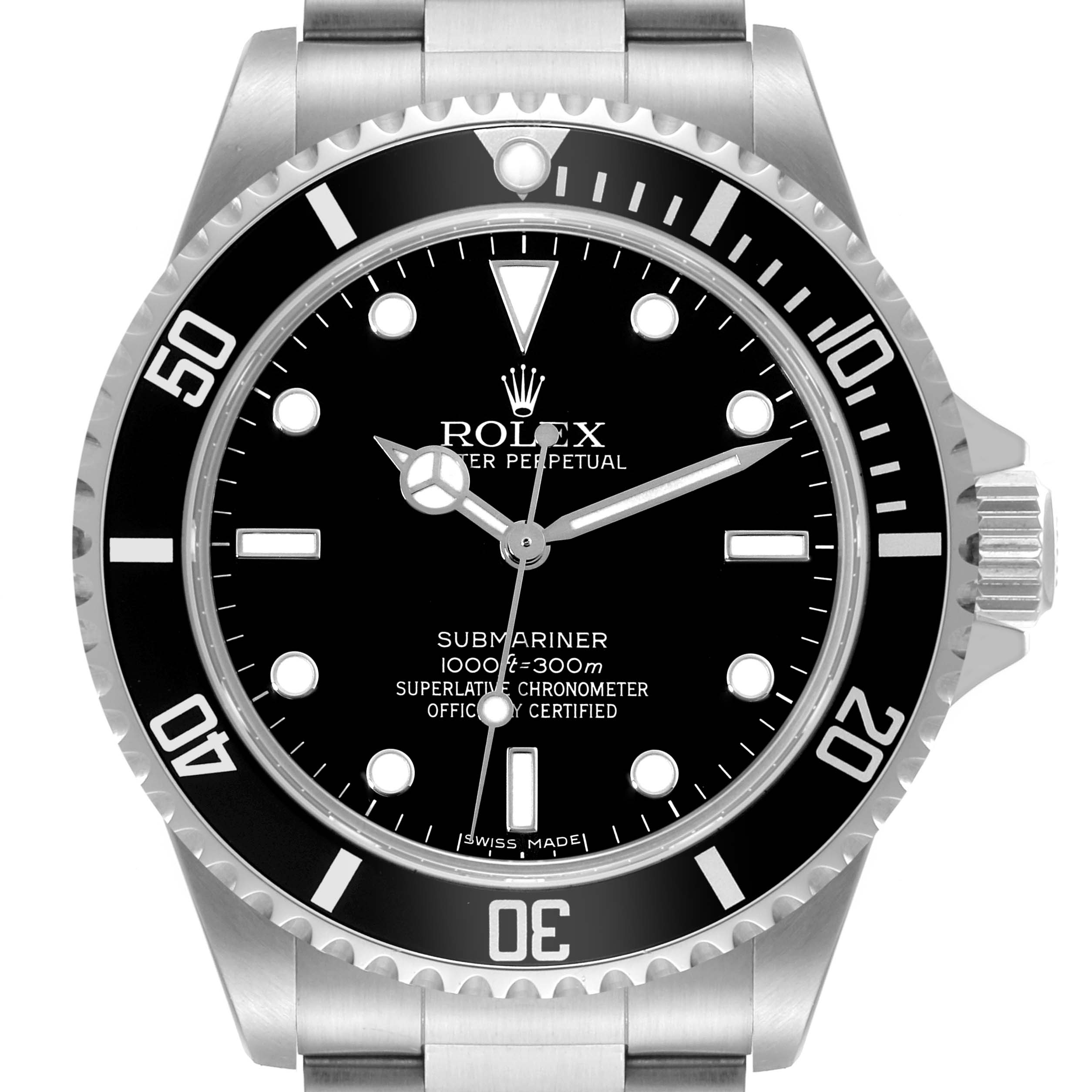 The image shows a frontal view of the Rolex Submariner 14060 Men
s Stainless Steel Black Dial 14060 Men
s Stainless Steel Black Dial watch, highlighting its dial, bezel, and part of the bracelet.