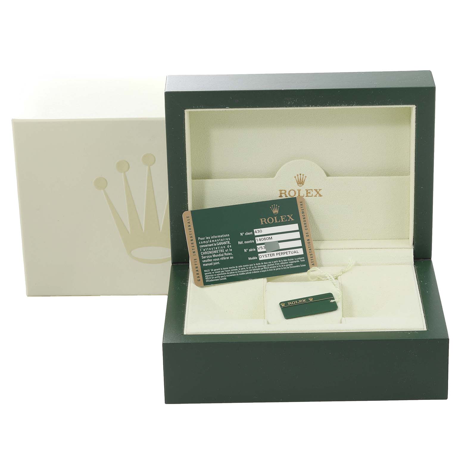 The image shows an open Rolex Submariner 14060 Men
s Stainless Steel Black Dial 14060 Men
s Stainless Steel Black Dial box, with a warranty card and tag inside, viewed from the front.