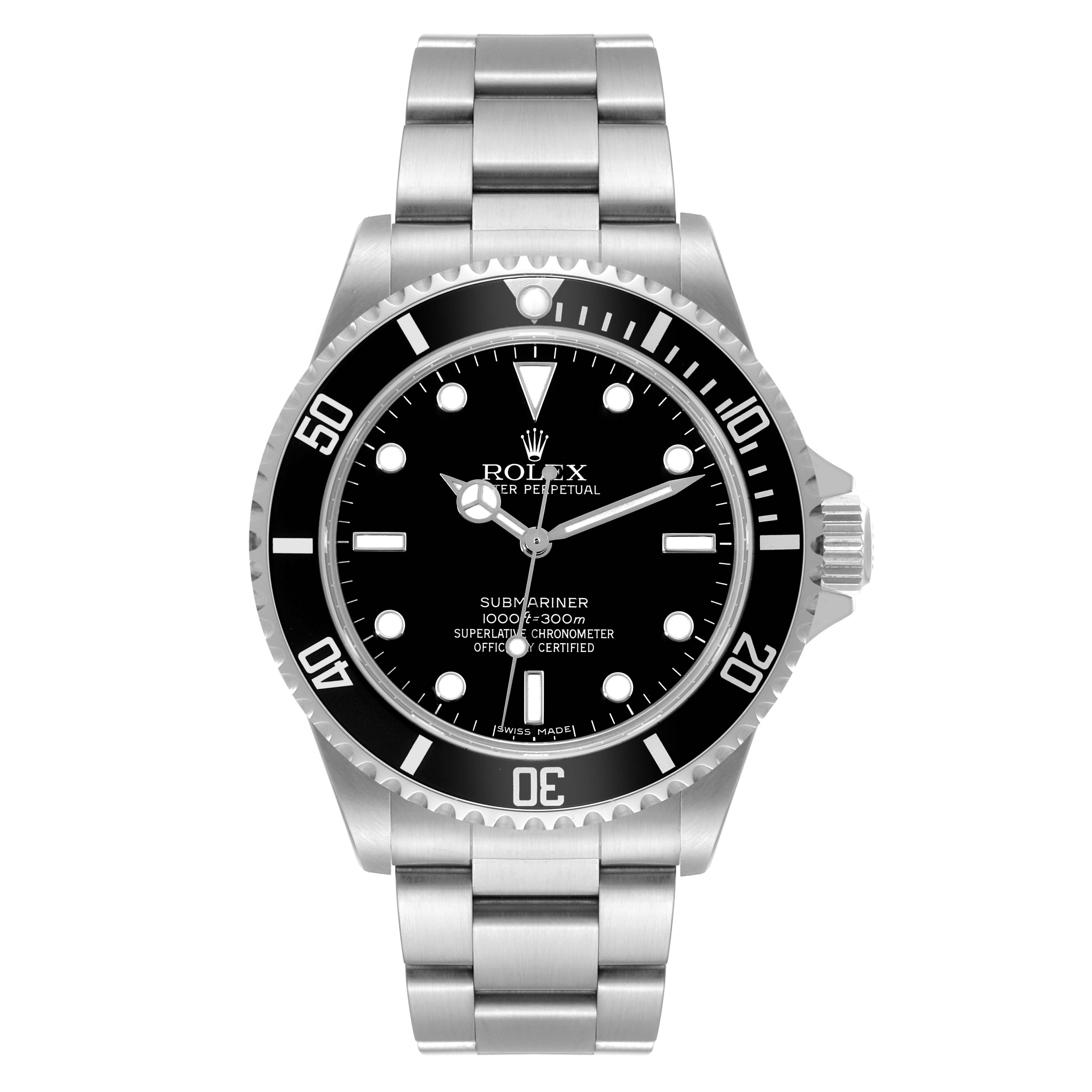 The image showcases a front view of the Rolex Submariner 14060 Men
s Stainless Steel Black Dial 14060 Men
s Stainless Steel Black Dial watch, highlighting its face, bezel, and metal bracelet.