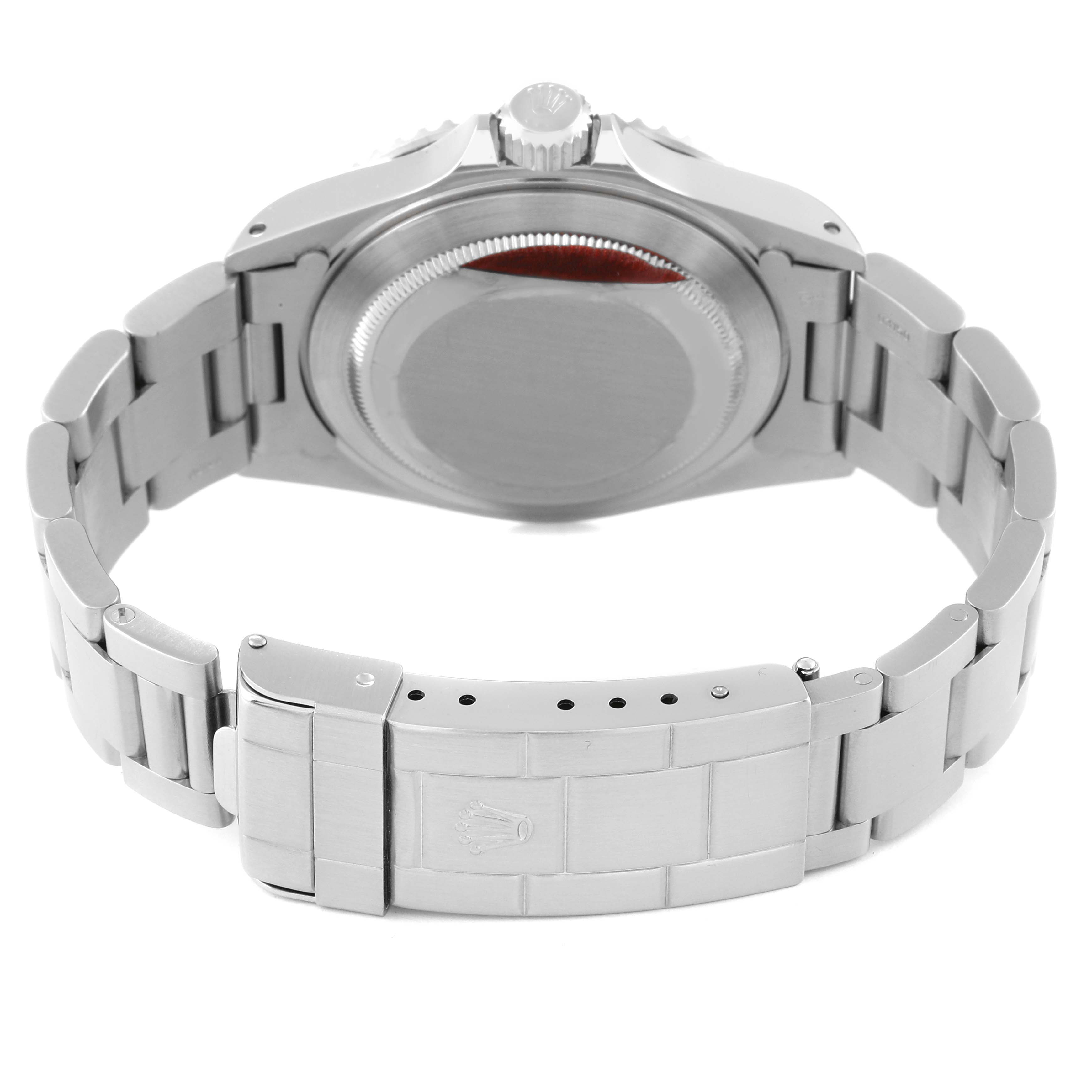 The image shows the back view of a Rolex Submariner 14060 Men
s Stainless Steel Black Dial 14060 Men
s Stainless Steel Black Dial watch, highlighting the case back, crown, and bracelet with a clasp.