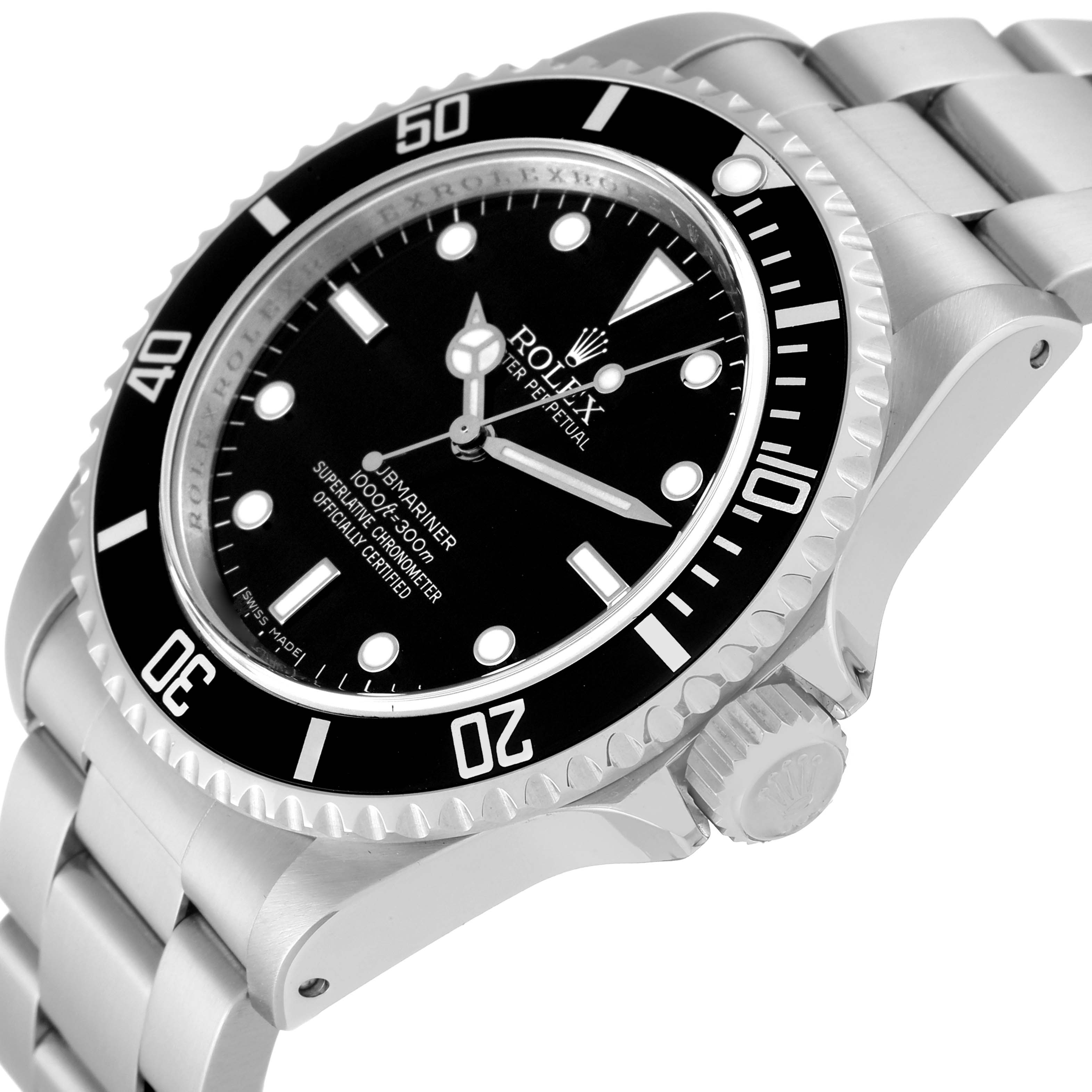 The Rolex Submariner 14060 Men
s Stainless Steel Black Dial 14060 Men
s Stainless Steel Black Dial watch is shown at an angle highlighting the black dial, bezel, crown, and stainless steel bracelet.