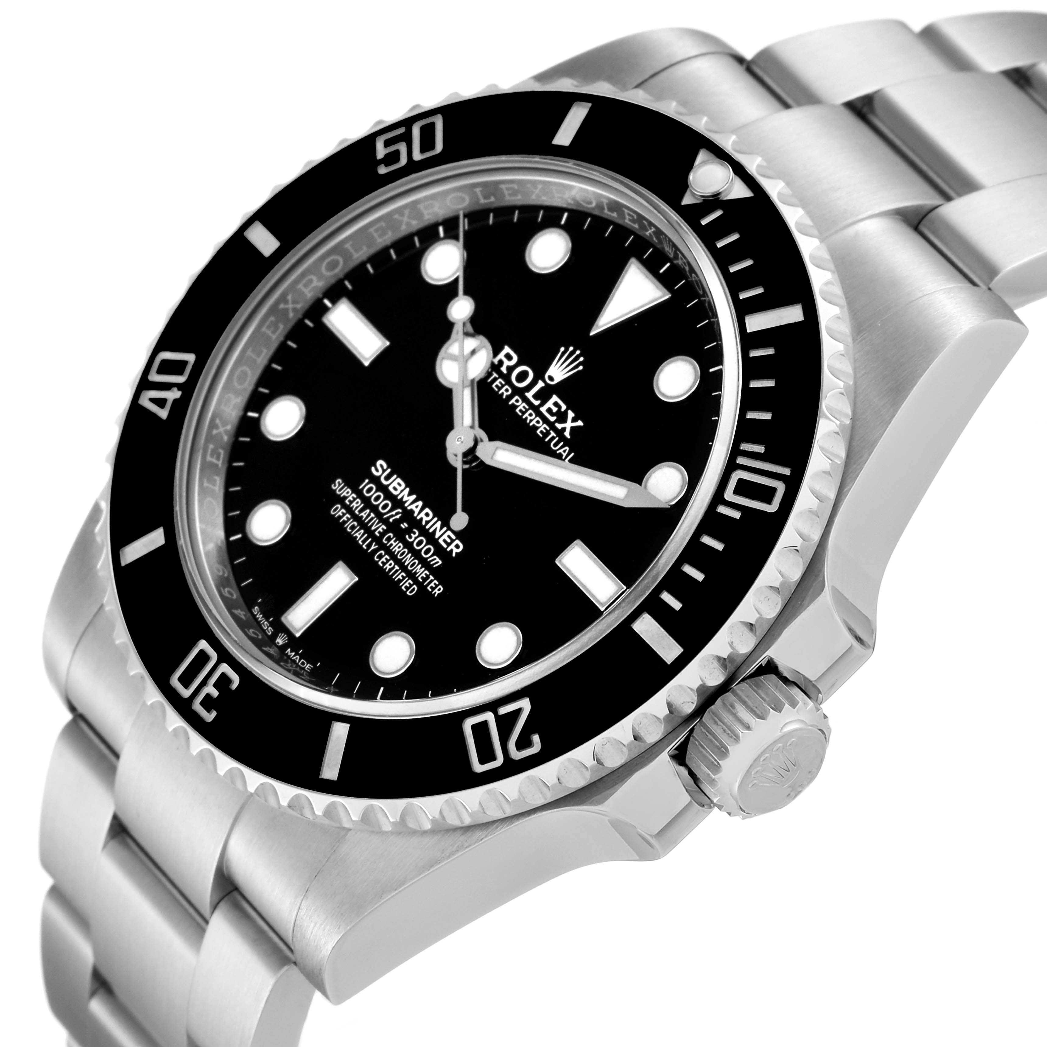 The Rolex Submariner 124060 Men
s Stainless Steel Black Dial 124060 Men
s Stainless Steel Black Dial watch is shown at an angle highlighting the crown, bezel, and bracelet.