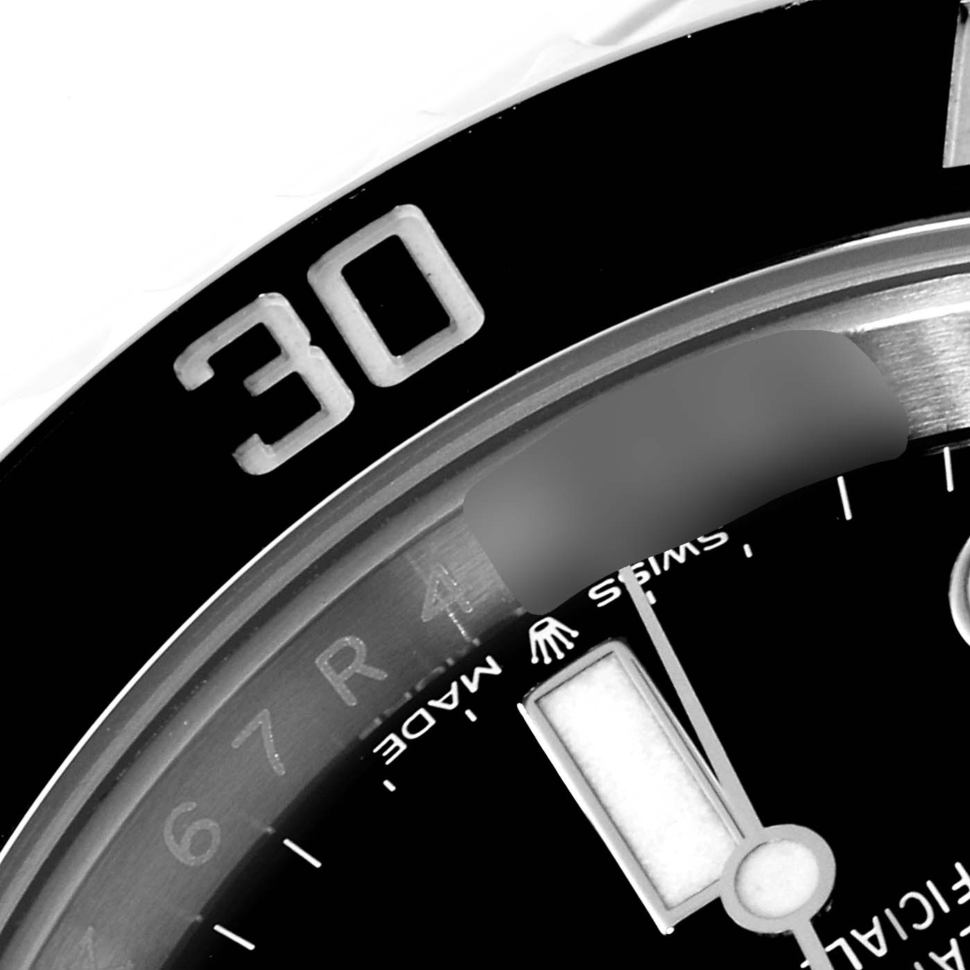 The image shows a close-up of the bezel and dial of the Rolex Submariner 124060 Men
s Stainless Steel Black Dial 124060 Men
s Stainless Steel Black Dial, highlighting the "30" mark.
