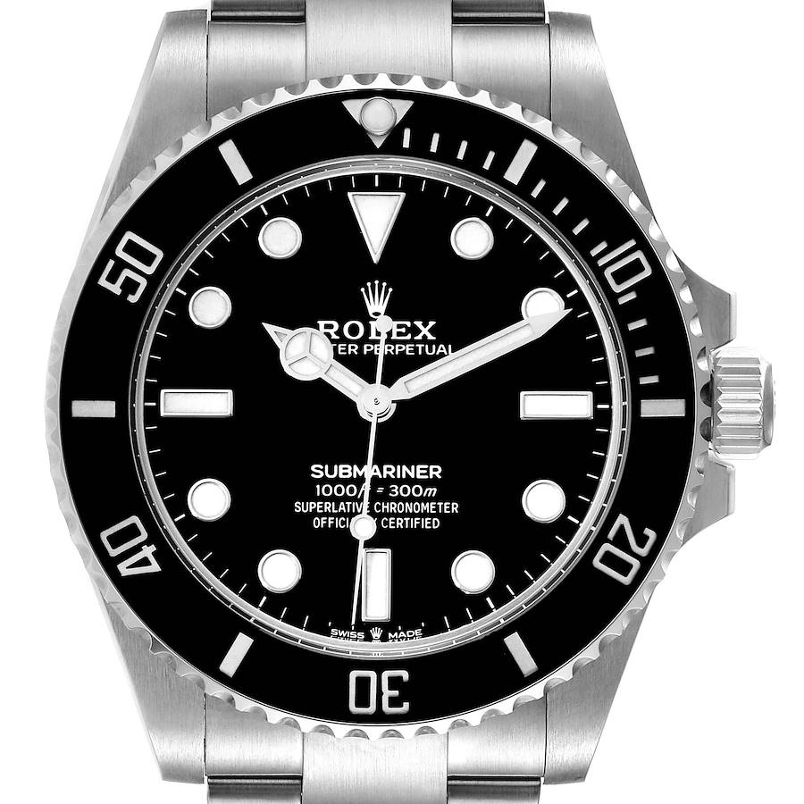 The Rolex Submariner is shown from the front, displaying the dial, bezel, and part of the bracelet.