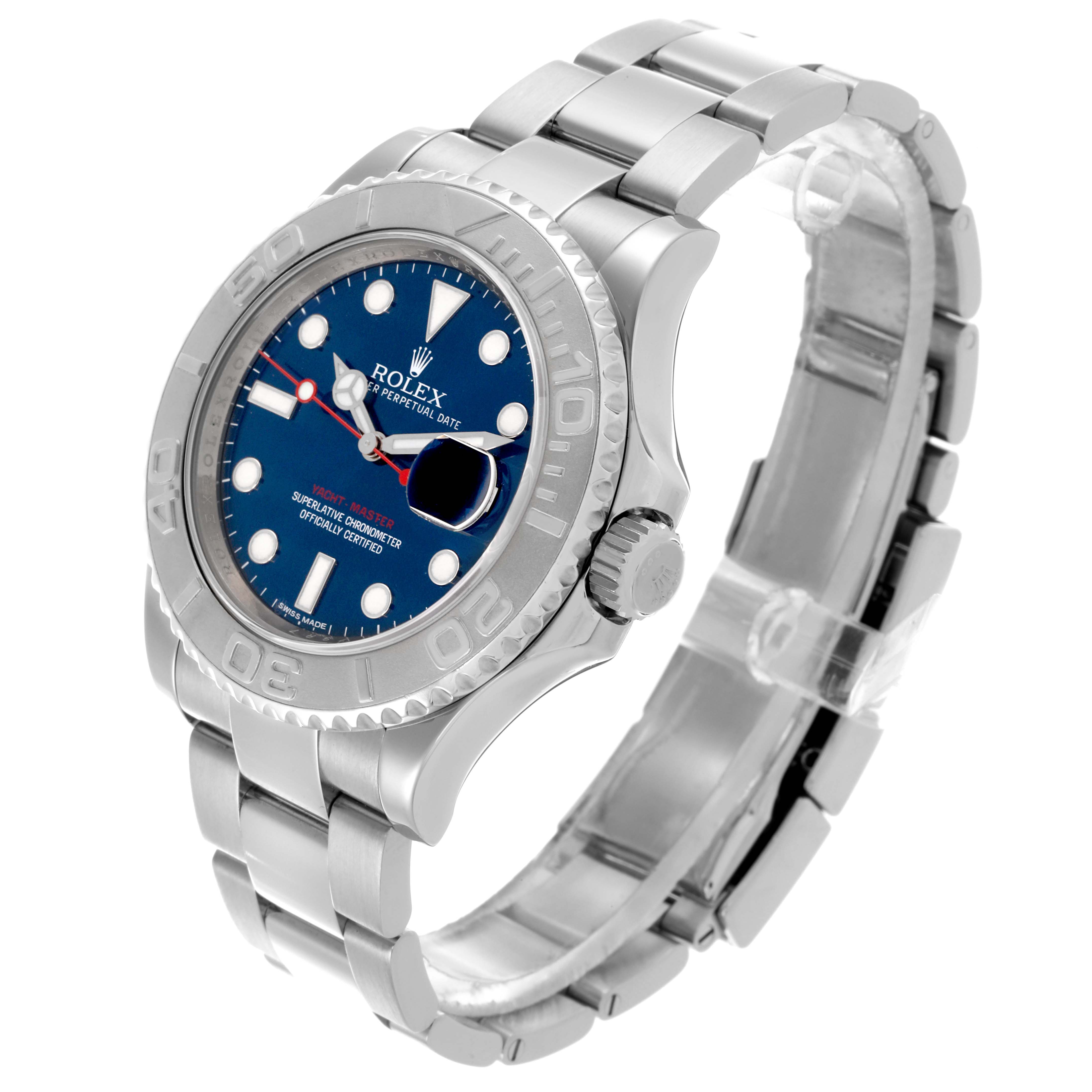 The Rolex Yacht-Master 116622 Men's Stainless Steel Blue Dial 116622 Men's Stainless Steel Blue Dial watch is shown at an oblique angle, highlighting the blue dial, bezel, and bracelet.