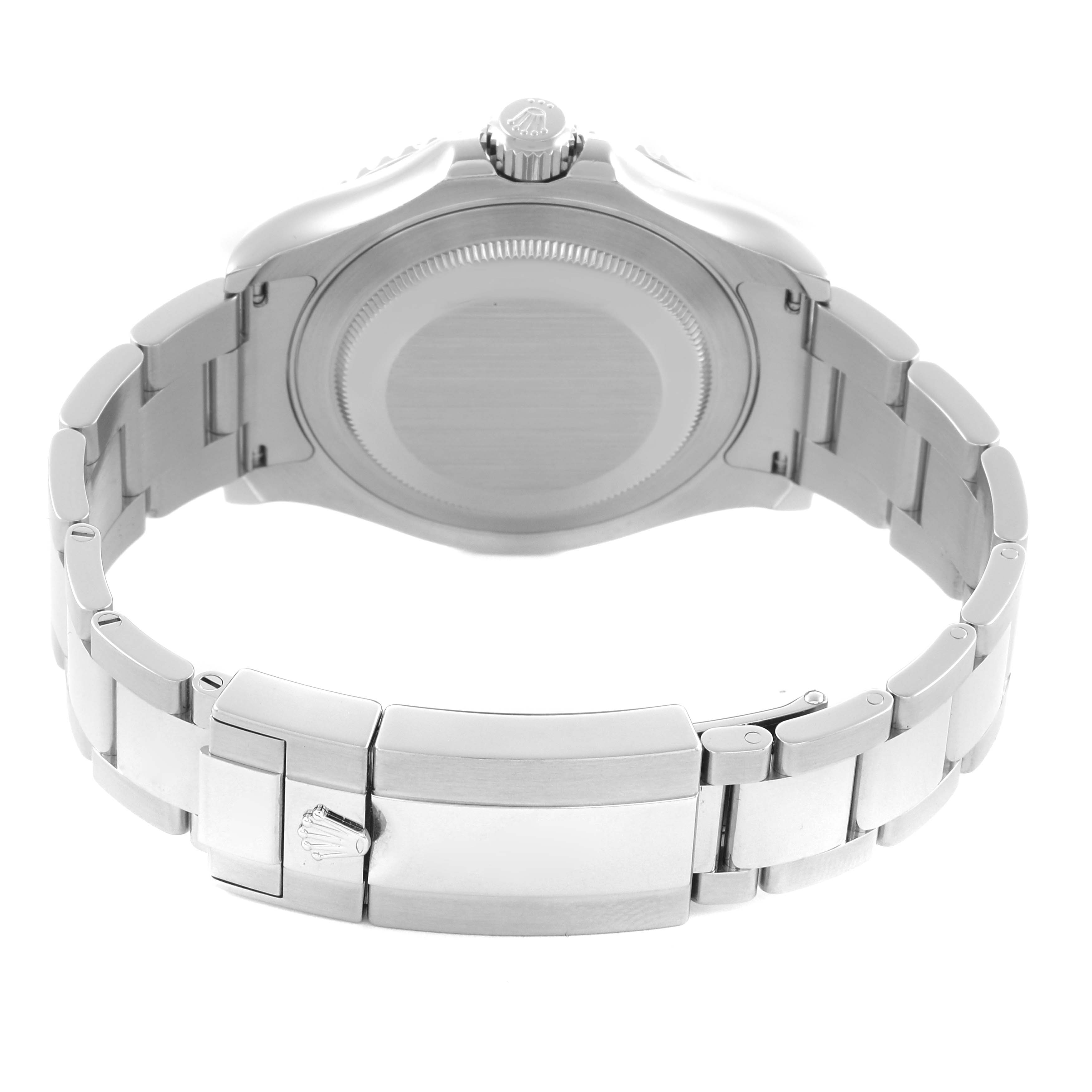 The image shows the back case and bracelet clasp of a Rolex Yacht-Master 116622 Men's Stainless Steel Blue Dial 116622 Men's Stainless Steel Blue Dial watch from a rear angle.