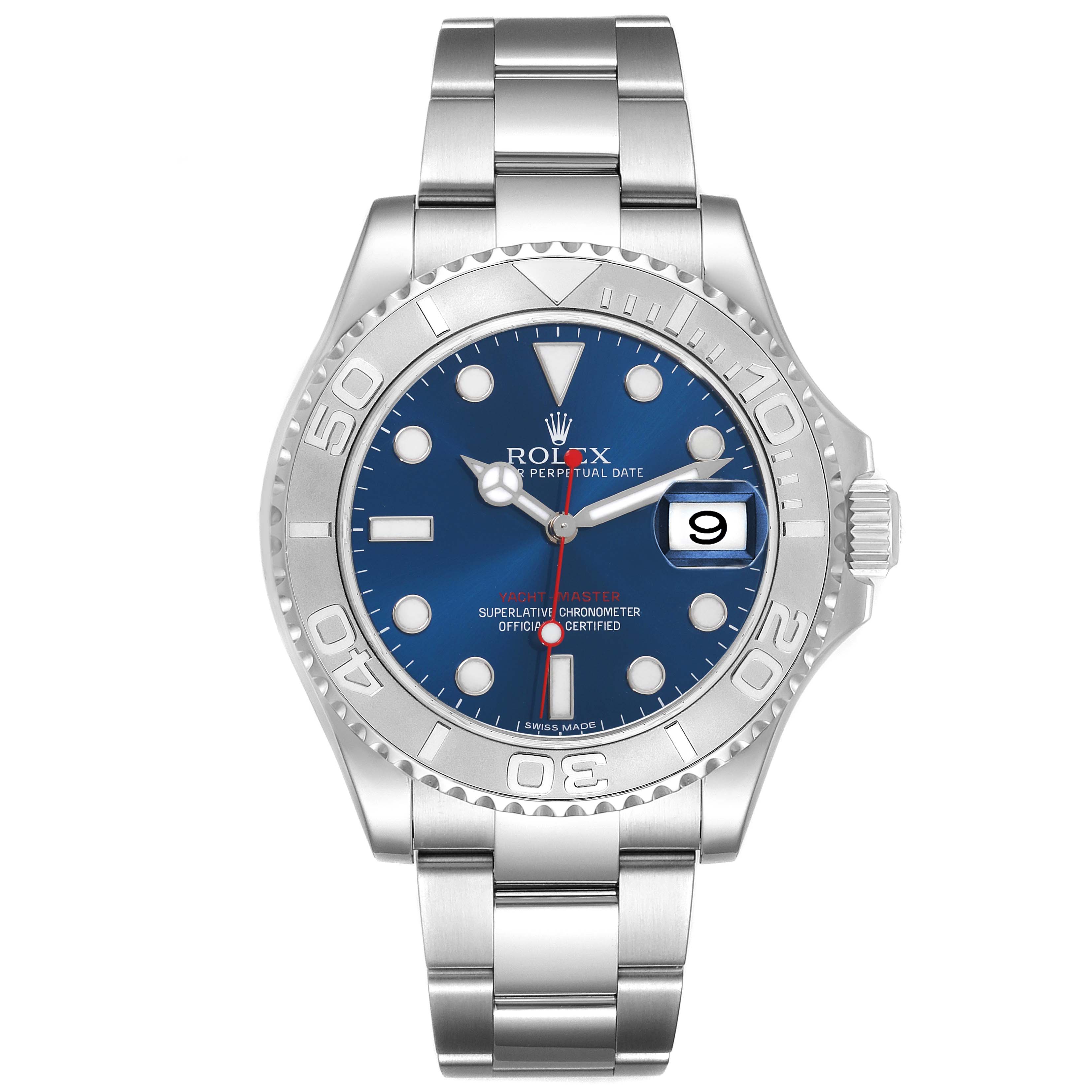 The Rolex Yacht-Master 116622 Men's Stainless Steel Blue Dial 116622 Men's Stainless Steel Blue Dial watch is shown from the front, displaying the dial, bezel, and part of the bracelet.