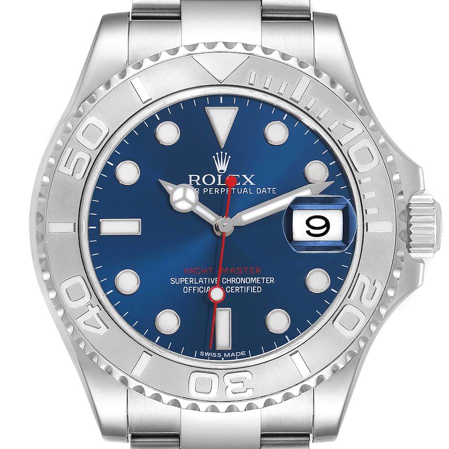 The Rolex Yacht-Master watch is shown from the front, displaying the dial, bezel, and a partial view of the bracelet.