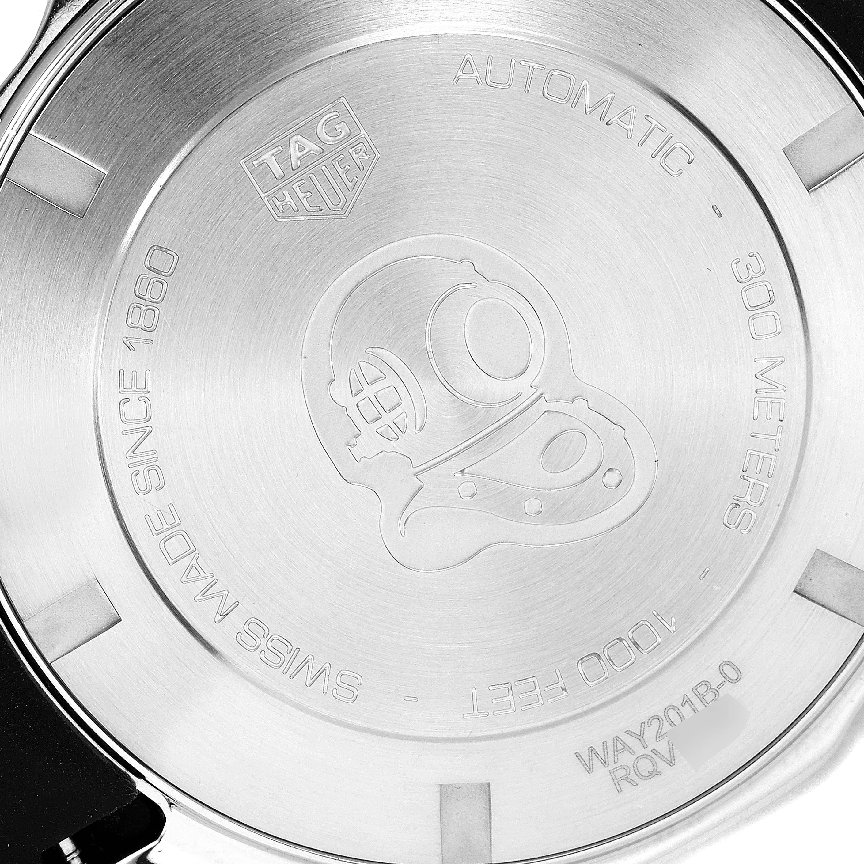 This image shows the back case of a Tag Heuer Aquaracer WAY201B-0 Men
s Stainless Steel Blue Dial WAY201B-0 Men
s Stainless Steel Blue Dial watch from a close-up angle.