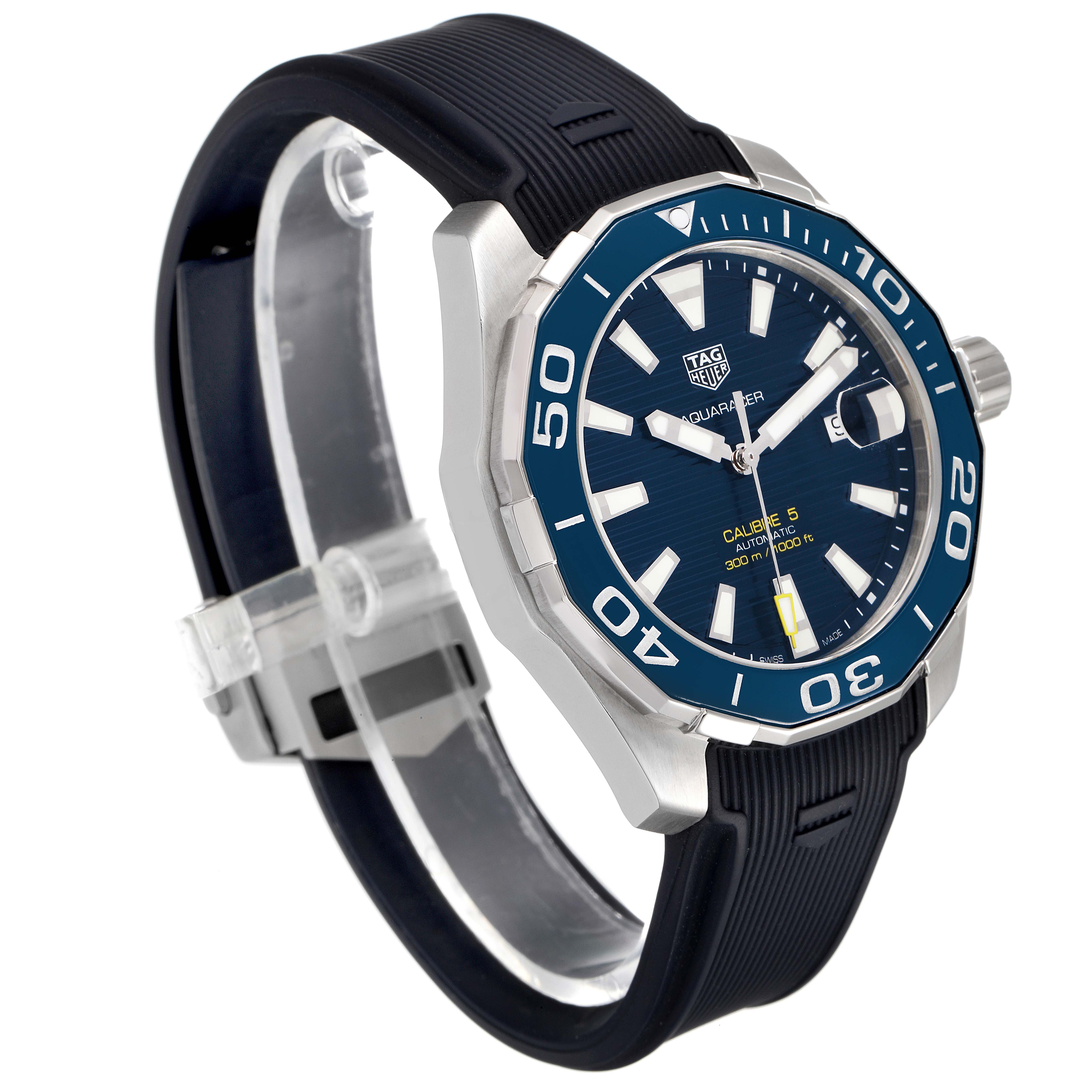 The image shows a side angle of the Tag Heuer Aquaracer WAY201B-0 Men
s Stainless Steel Blue Dial WAY201B-0 Men
s Stainless Steel Blue Dial watch featuring its face, bezel, crown, and strap.
