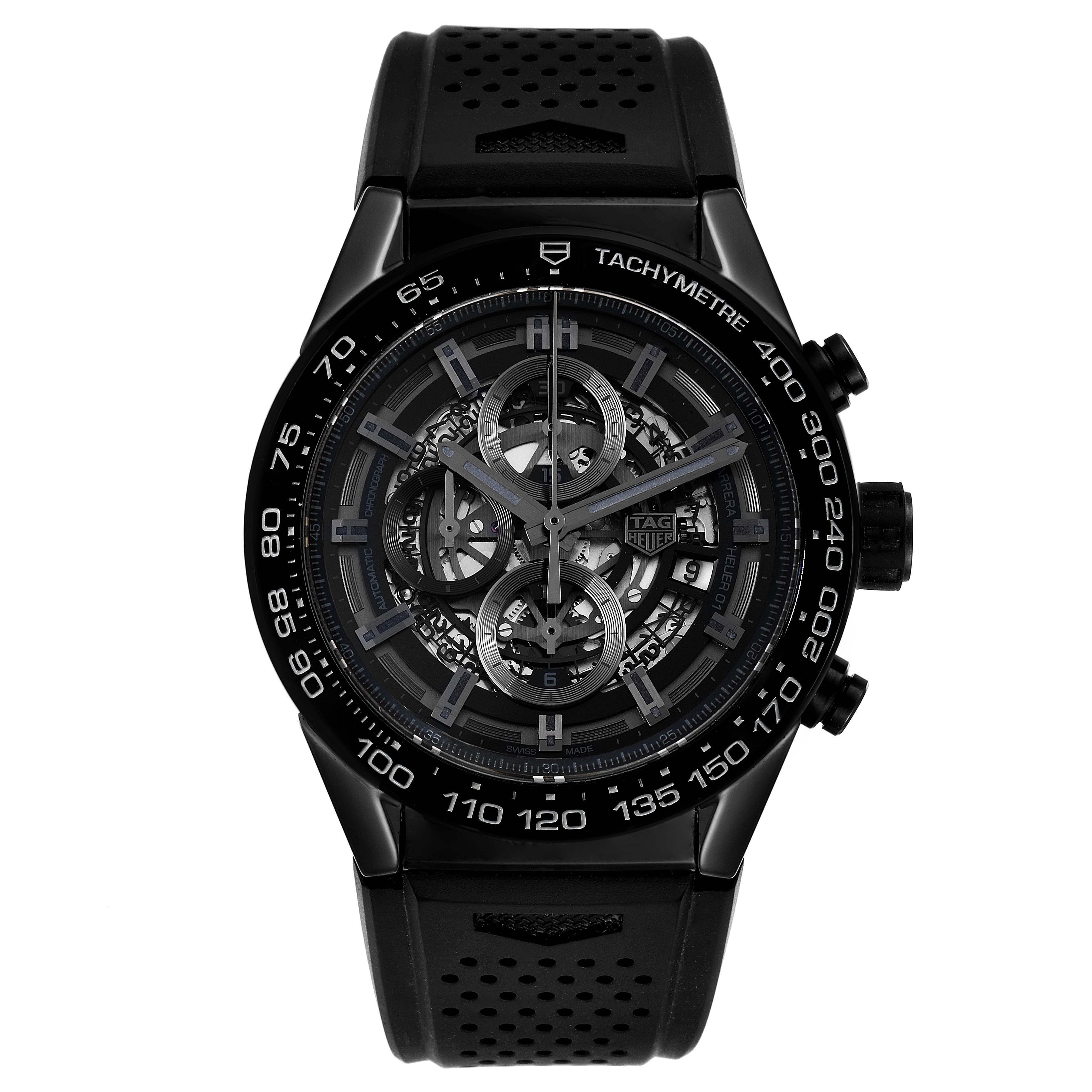 The image shows the front view of a Tag Heuer Carrera CAR2A90.FT6071 Men's Ceramic Black Dial CAR2A90.FT6071 Men's Ceramic Black Dial watch, featuring its tachymeter bezel and skeleton dial.