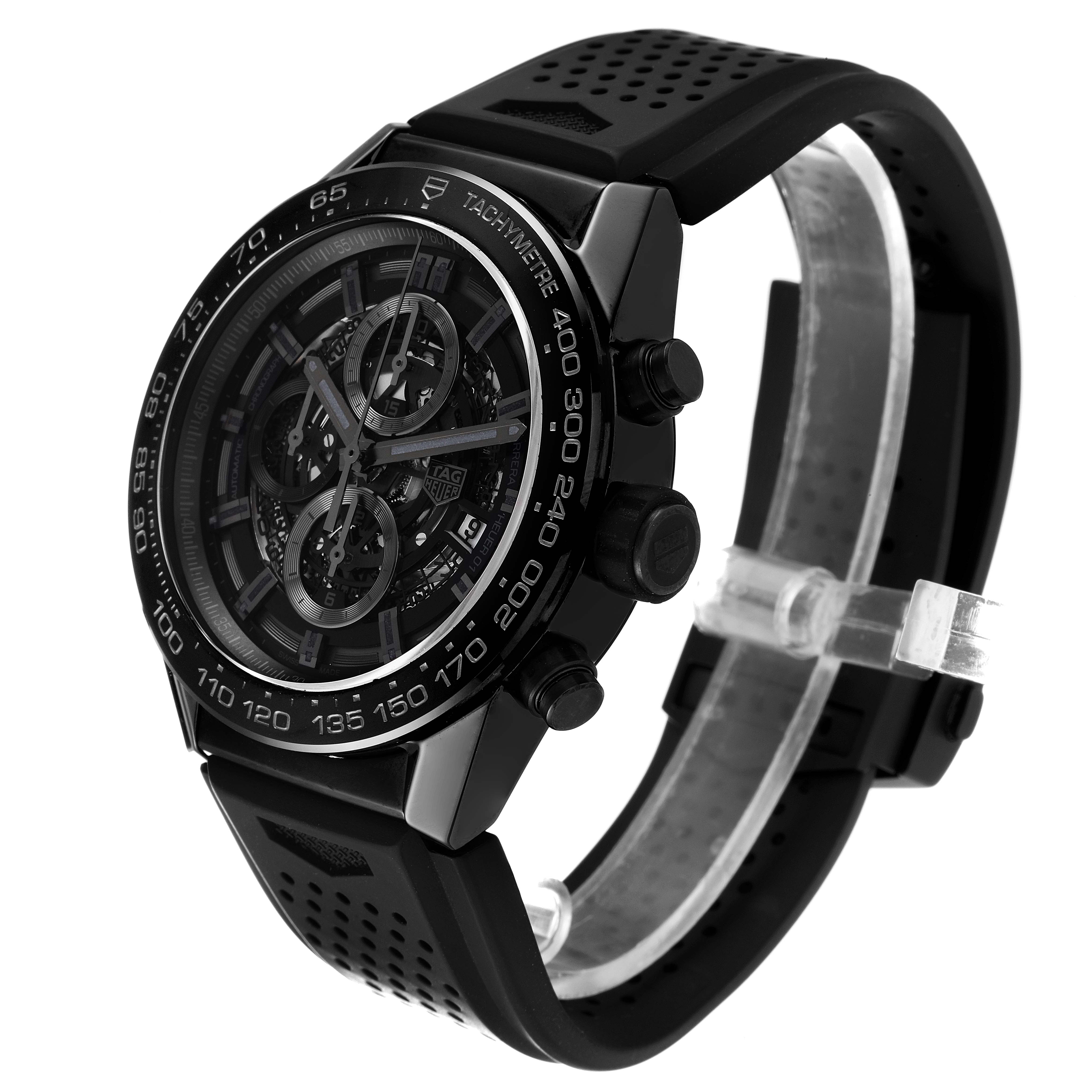 The image shows a Tag Heuer Carrera CAR2A90.FT6071 Men's Ceramic Black Dial CAR2A90.FT6071 Men's Ceramic Black Dial model wristwatch at an oblique angle, highlighting the face, bezel, crown, and strap.