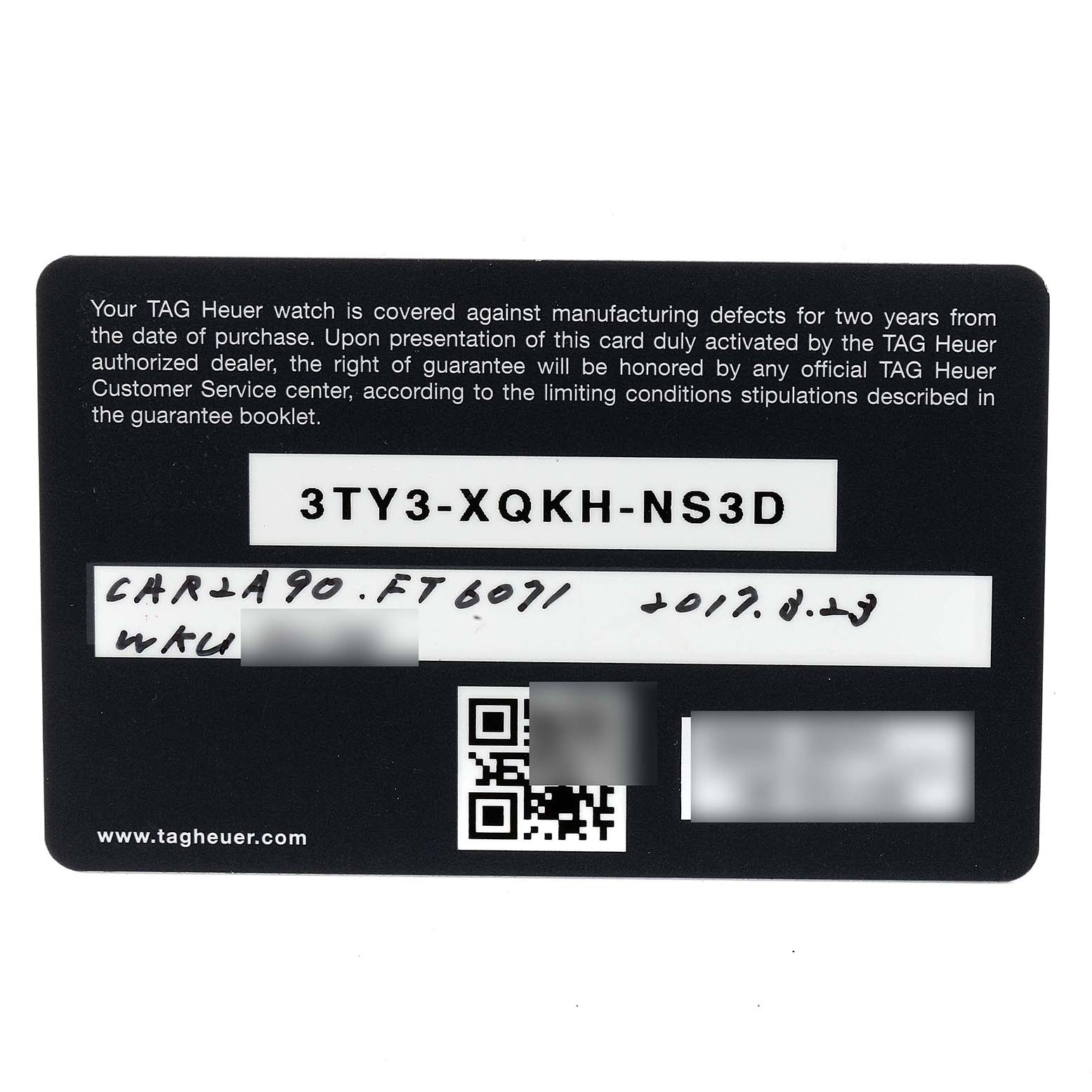 This image shows the warranty card for the Carrera model by Tag Heuer.