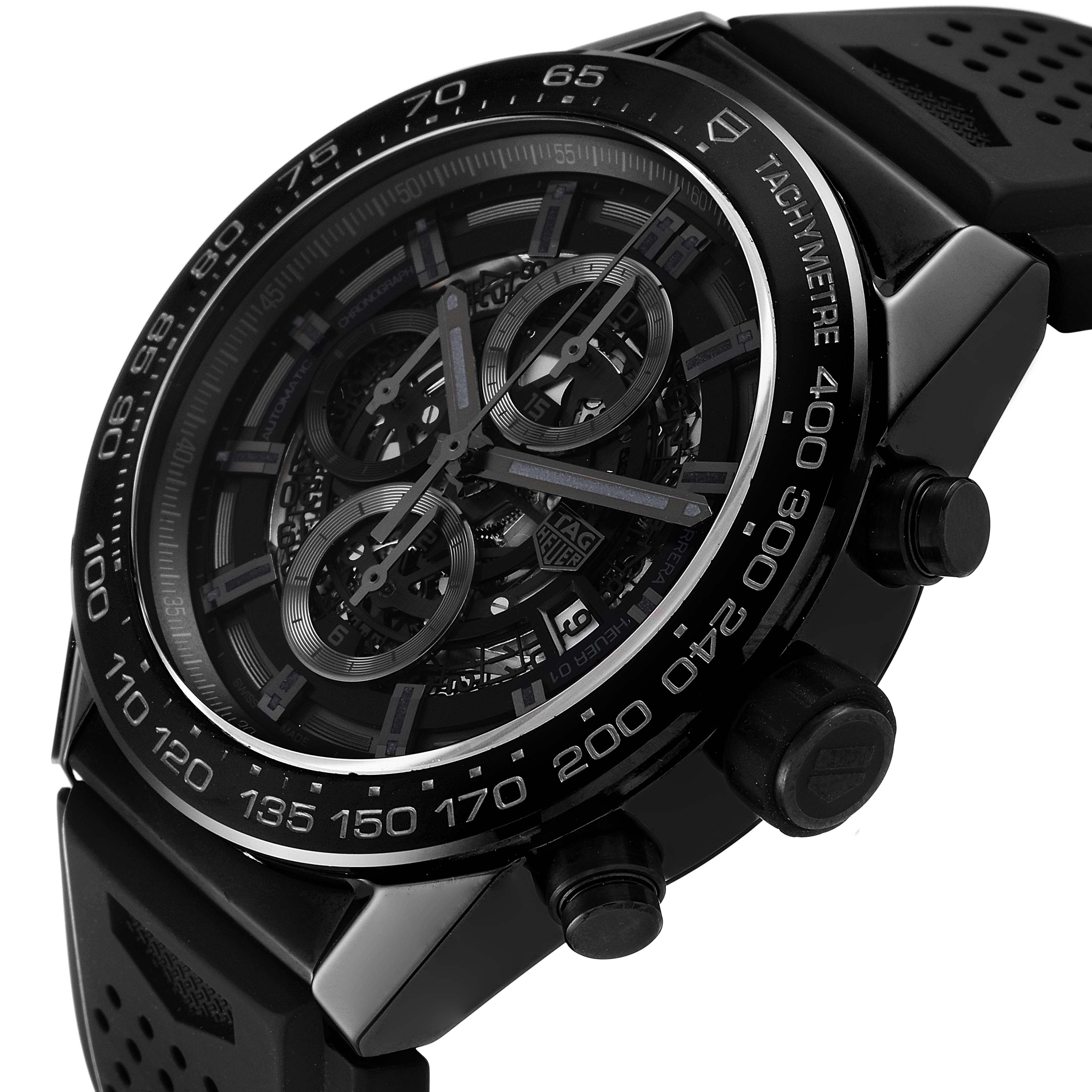 The image shows a close-up, angled view of the face and side buttons of a Tag Heuer Carrera CAR2A90.FT6071 Men's Ceramic Black Dial CAR2A90.FT6071 Men's Ceramic Black Dial watch.