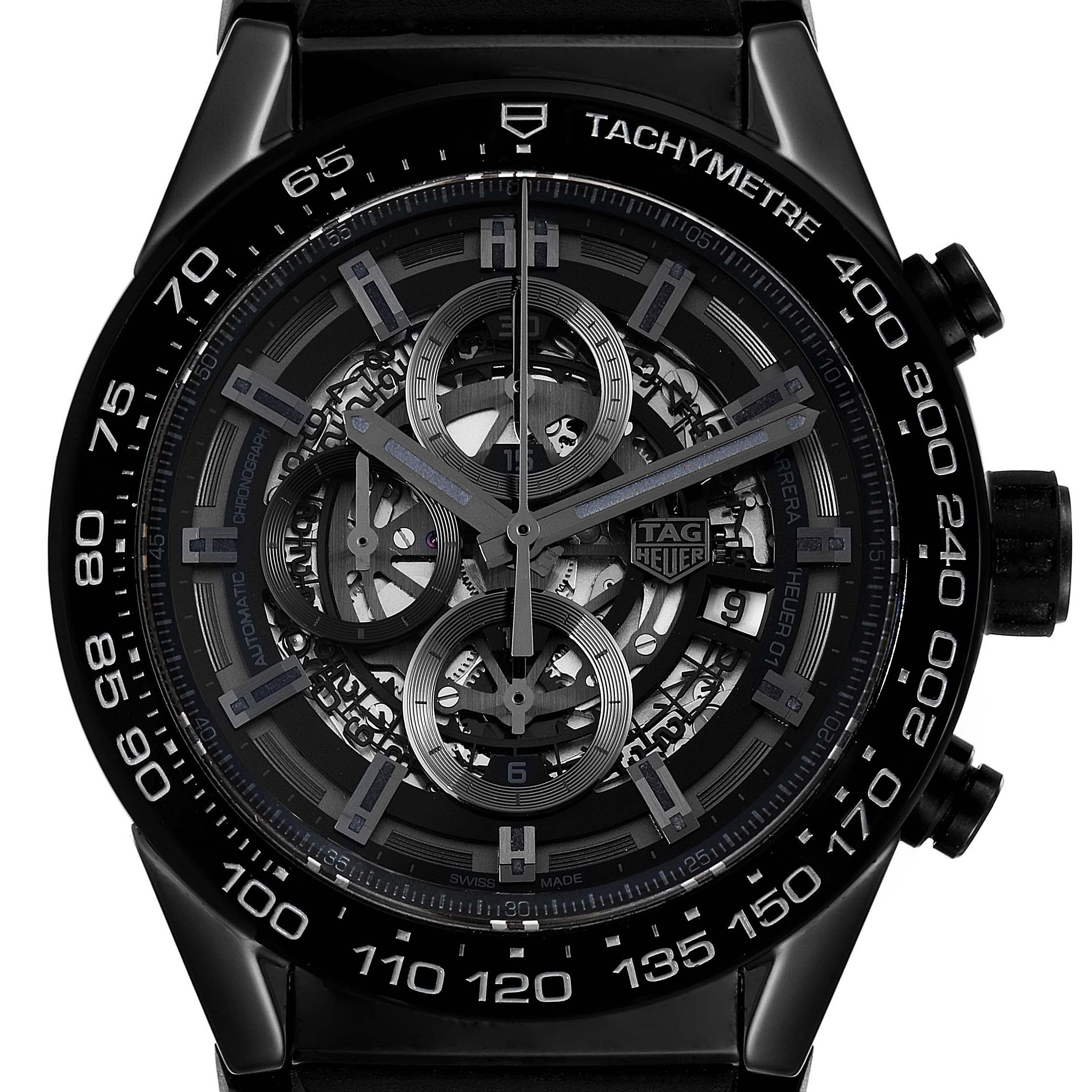 The image shows a front view of the Tag Heuer Carrera CAR2A90.FT6071 Men's Ceramic Black Dial CAR2A90.FT6071 Men's Ceramic Black Dial watch, highlighting its black skeleton dial, tachymeter bezel, and chronograph subdials.