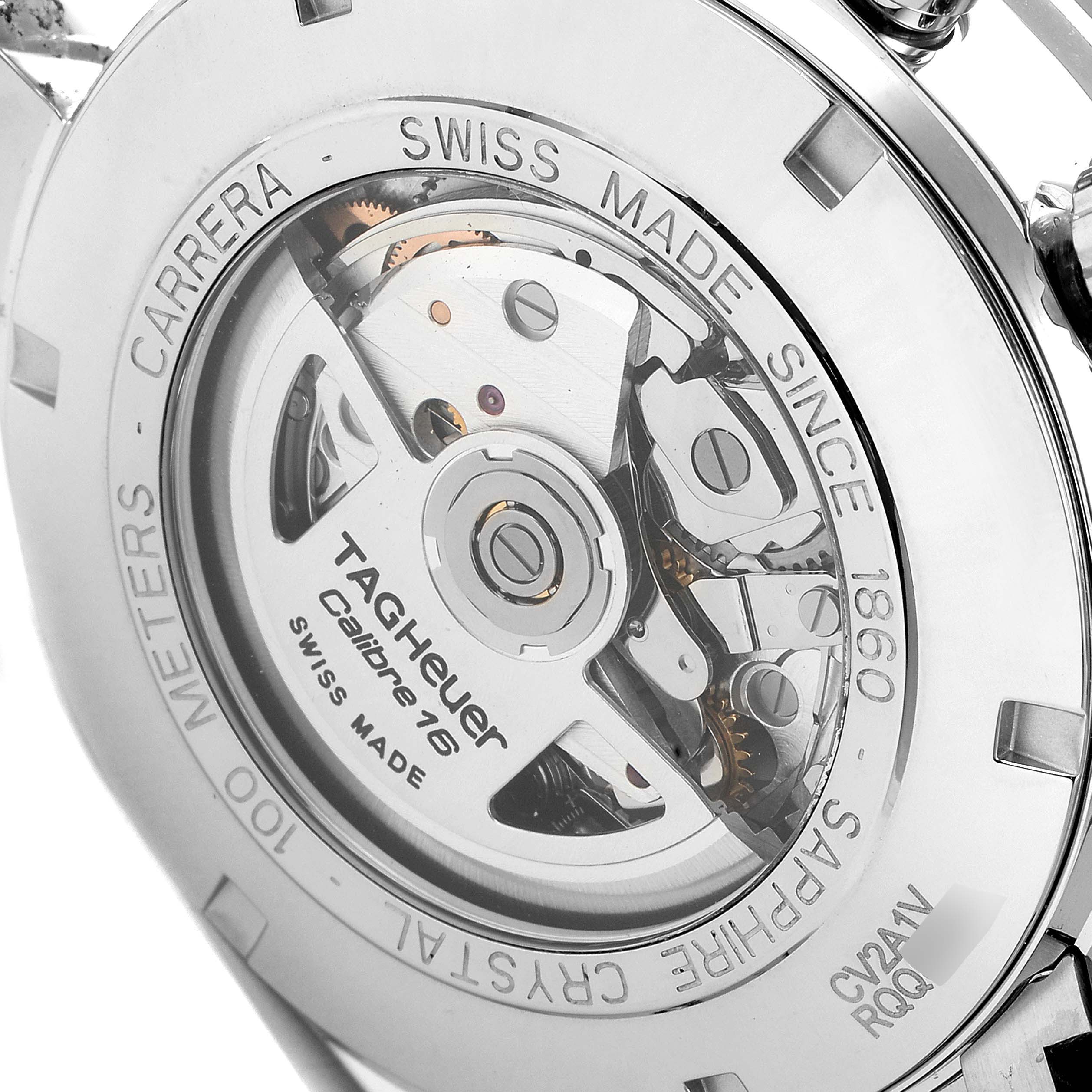 The image shows the back side of the Tag Heuer Carrera CV2A1V.BA0738 Men
s Stainless Steel Blue Dial CV2A1V.BA0738 Men
s Stainless Steel Blue Dial watch, highlighting its movement and inner mechanical parts.