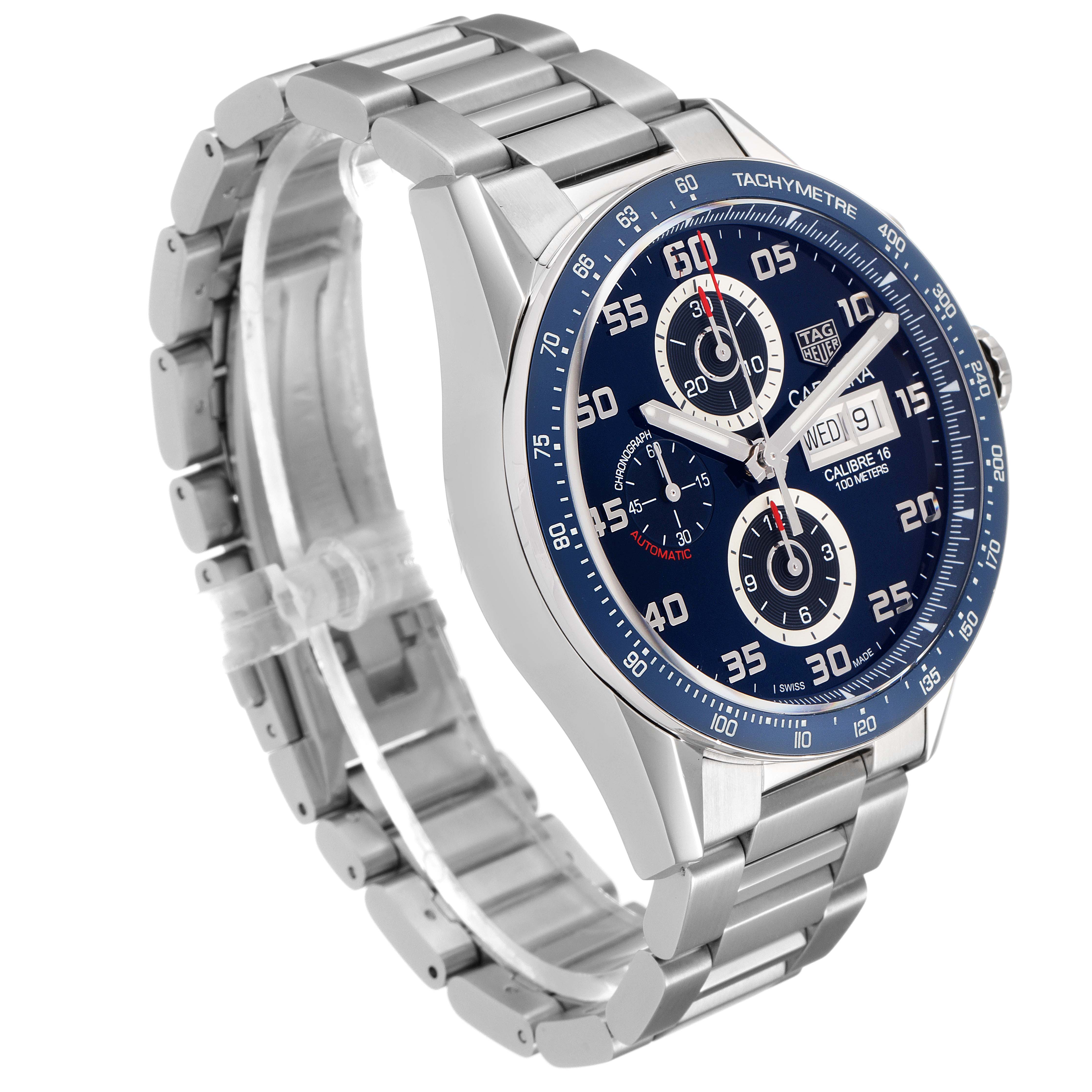 The image shows a Tag Heuer Carrera CV2A1V.BA0738 Men
s Stainless Steel Blue Dial CV2A1V.BA0738 Men
s Stainless Steel Blue Dial watch angled from the front left, highlighting its face, bezel, and stainless steel bracelet.
