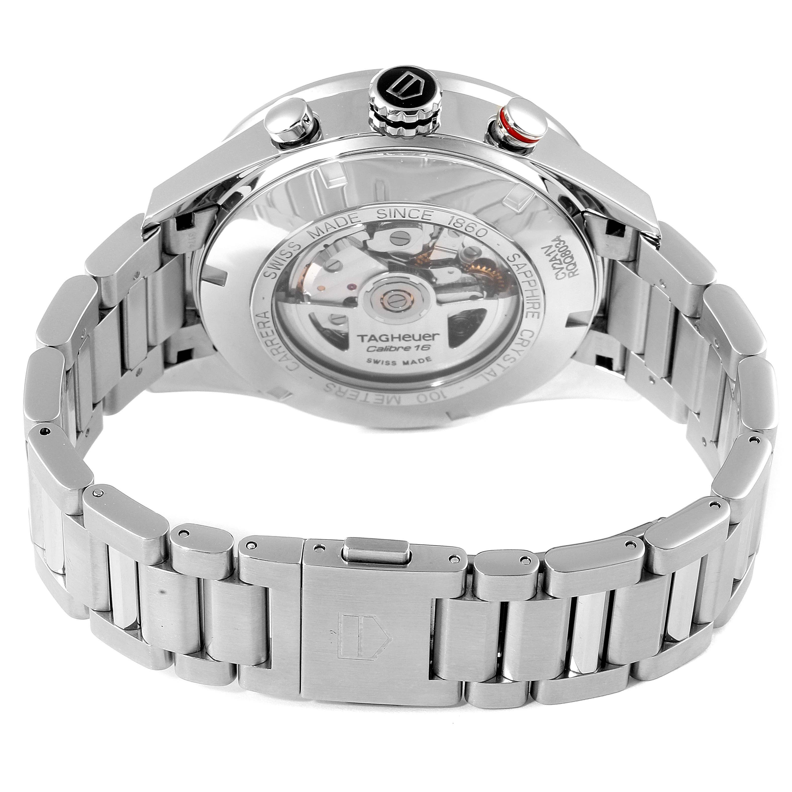 The image shows the back view of a Tag Heuer Carrera CV2A1V.BA0738 Men
s Stainless Steel Blue Dial CV2A1V.BA0738 Men
s Stainless Steel Blue Dial watch, highlighting the movement mechanism and stainless steel bracelet.