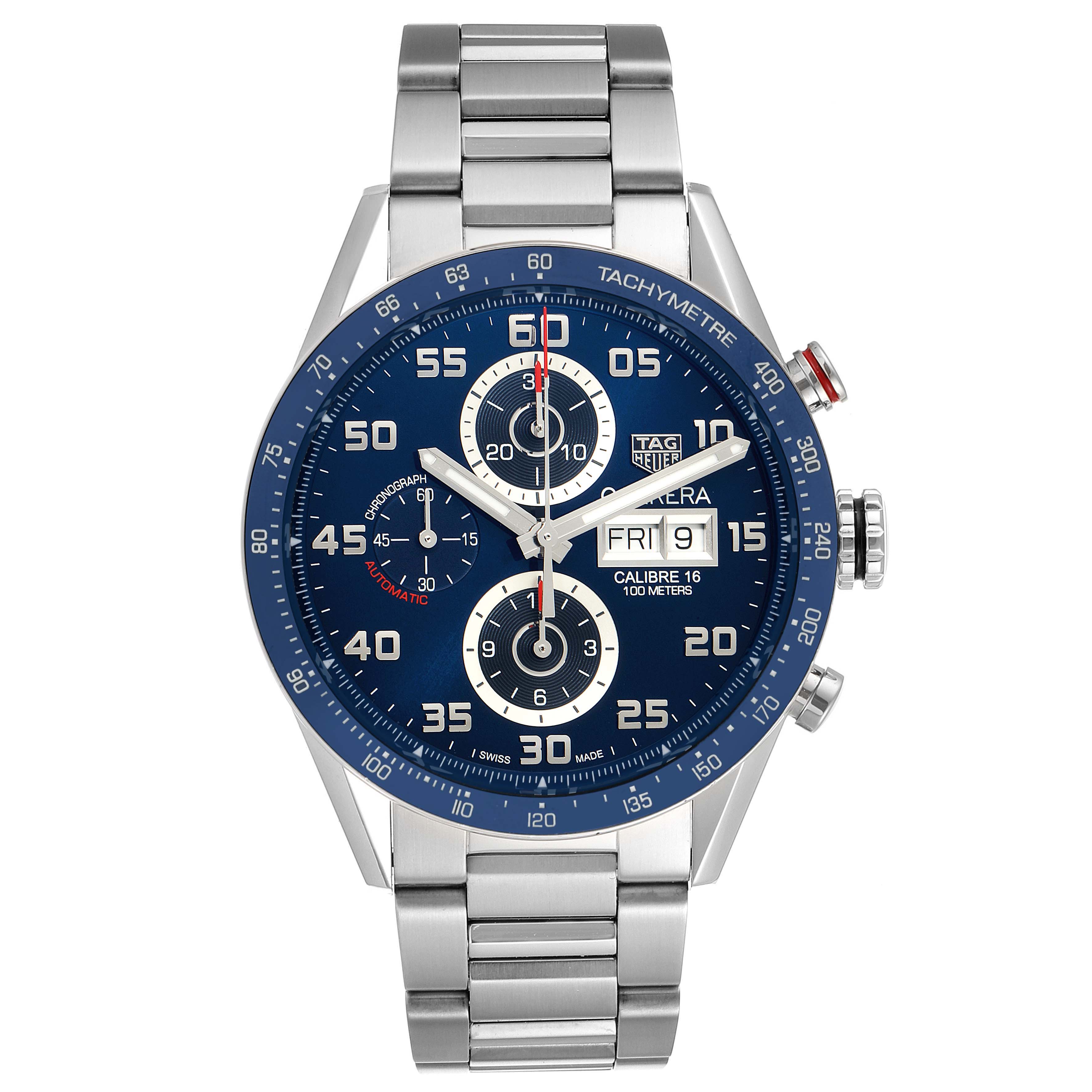 The image shows a Tag Heuer Carrera CV2A1V.BA0738 Men
s Stainless Steel Blue Dial CV2A1V.BA0738 Men
s Stainless Steel Blue Dial watch from a front angle, highlighting its blue dial, chronograph subdials, and stainless steel bracelet.