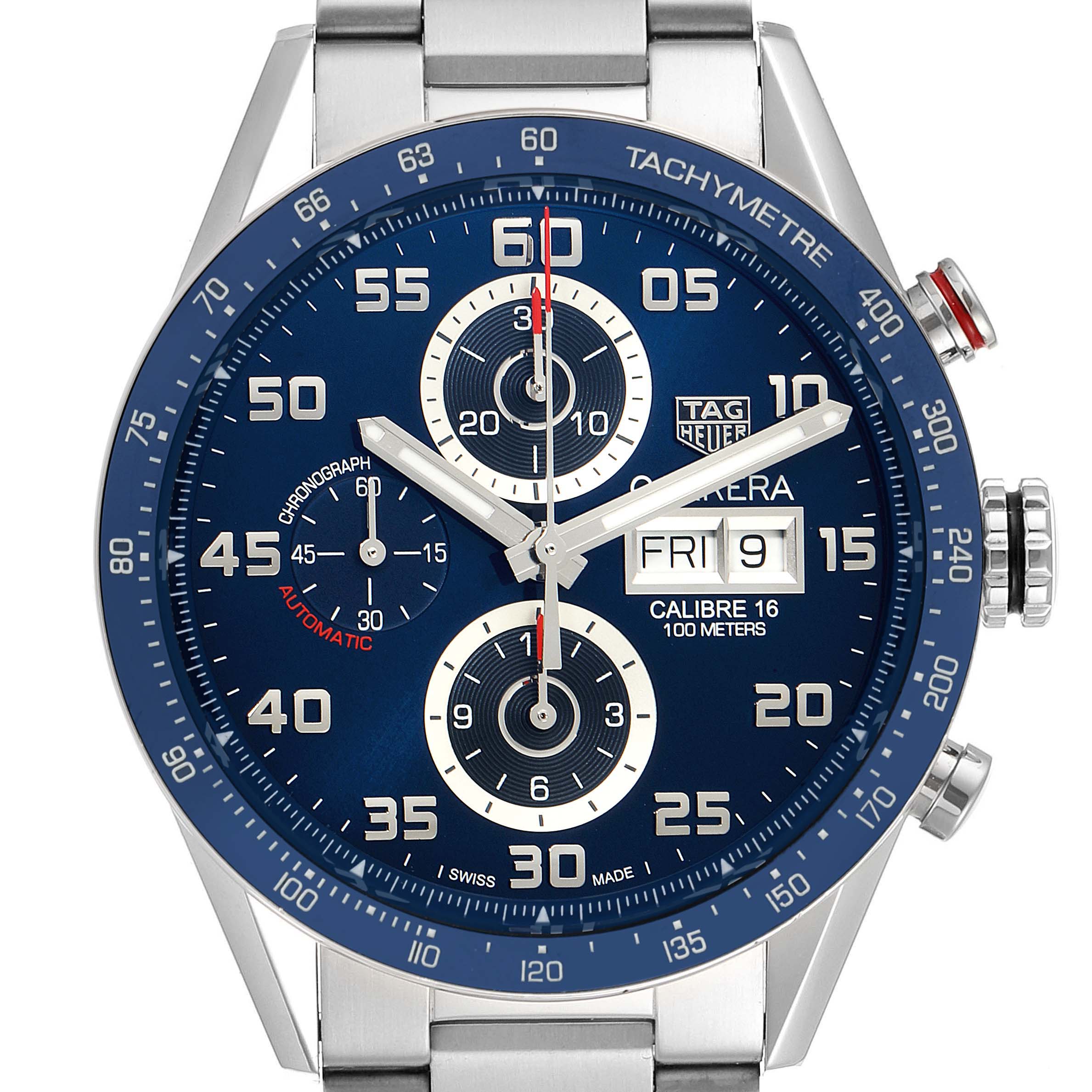 The Tag Heuer Carrera CV2A1V.BA0738 Men
s Stainless Steel Blue Dial CV2A1V.BA0738 Men
s Stainless Steel Blue Dial watch is shown from a front angle, displaying its face, dial, subdials, and part of its bracelet.