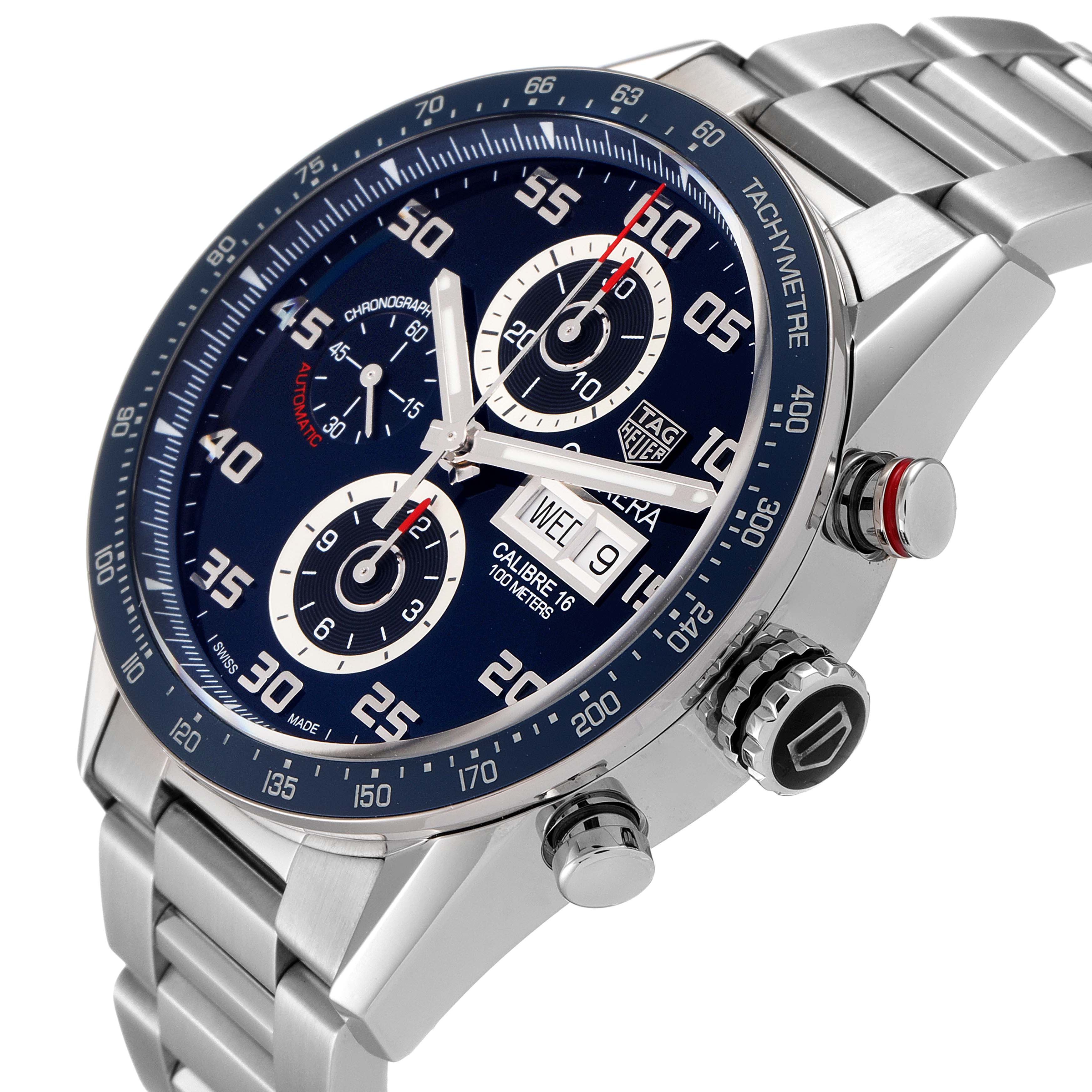 The Tag Heuer Carrera CV2A1V.BA0738 Men
s Stainless Steel Blue Dial CV2A1V.BA0738 Men
s Stainless Steel Blue Dial watch is shown from an angled close-up, highlighting its dial, tachymeter bezel, pushers, and bracelet.
