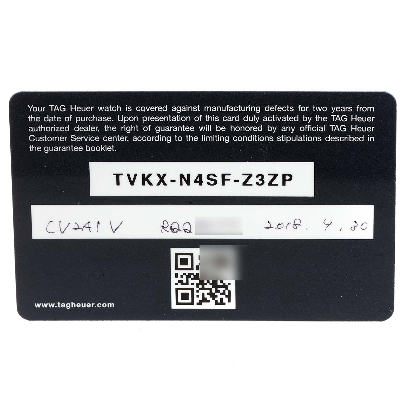 The image shows the warranty card for the Tag Heuer Carrera CV2A1V.BA0738 Men
s Stainless Steel Blue Dial CV2A1V.BA0738 Men
s Stainless Steel Blue Dial model watch, displaying the serial number and other details.