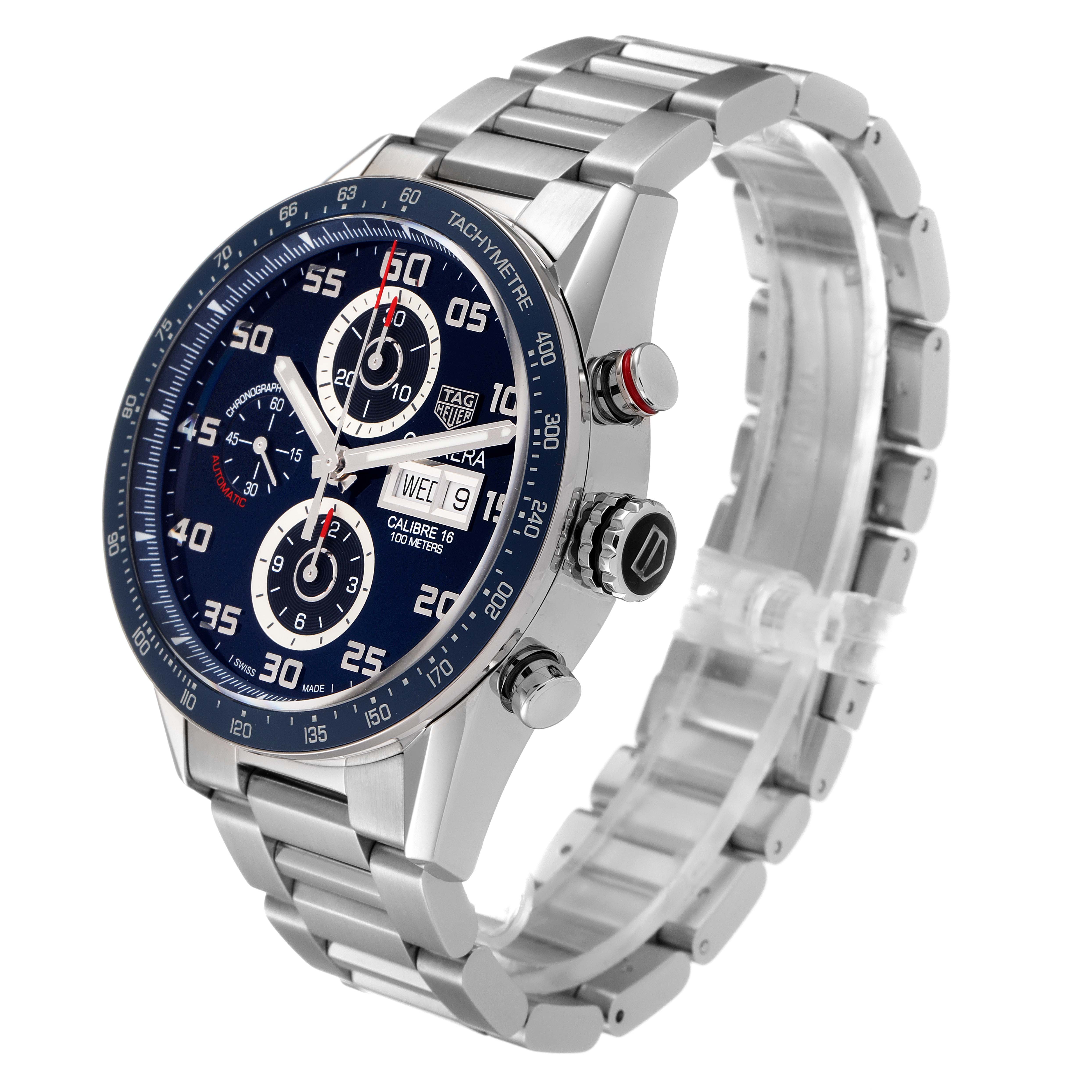 The Tag Heuer Carrera CV2A1V.BA0738 Men
s Stainless Steel Blue Dial CV2A1V.BA0738 Men
s Stainless Steel Blue Dial watch is shown angled to emphasize its face, crown, push buttons, and metallic bracelet.