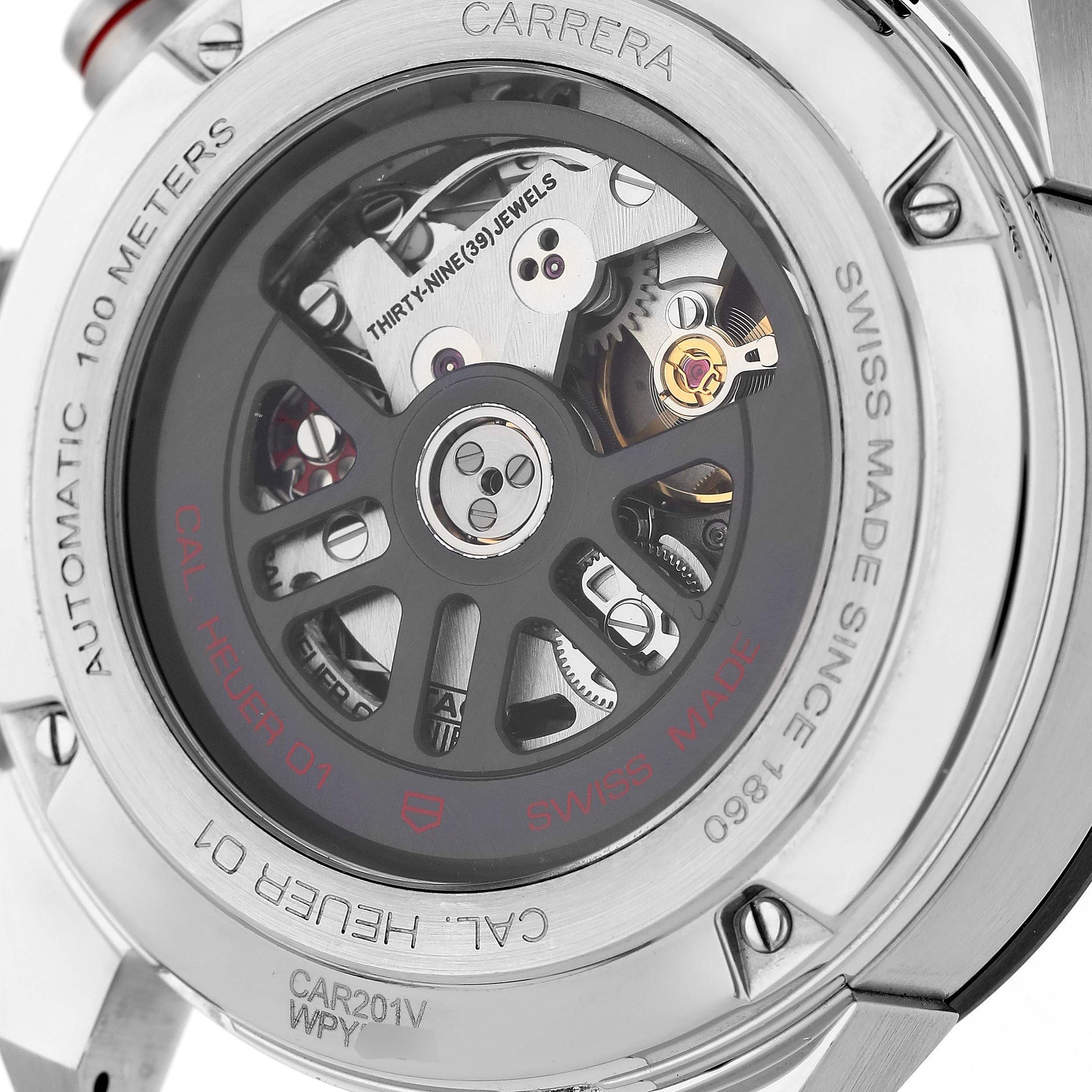 The image shows the back view of the Tag Heuer Carrera CAR201V.BA0714 Men's Stainless Steel Transparent Dial CAR201V.BA0714 Men's Stainless Steel Transparent Dial watch, highlighting the movement and internal components.