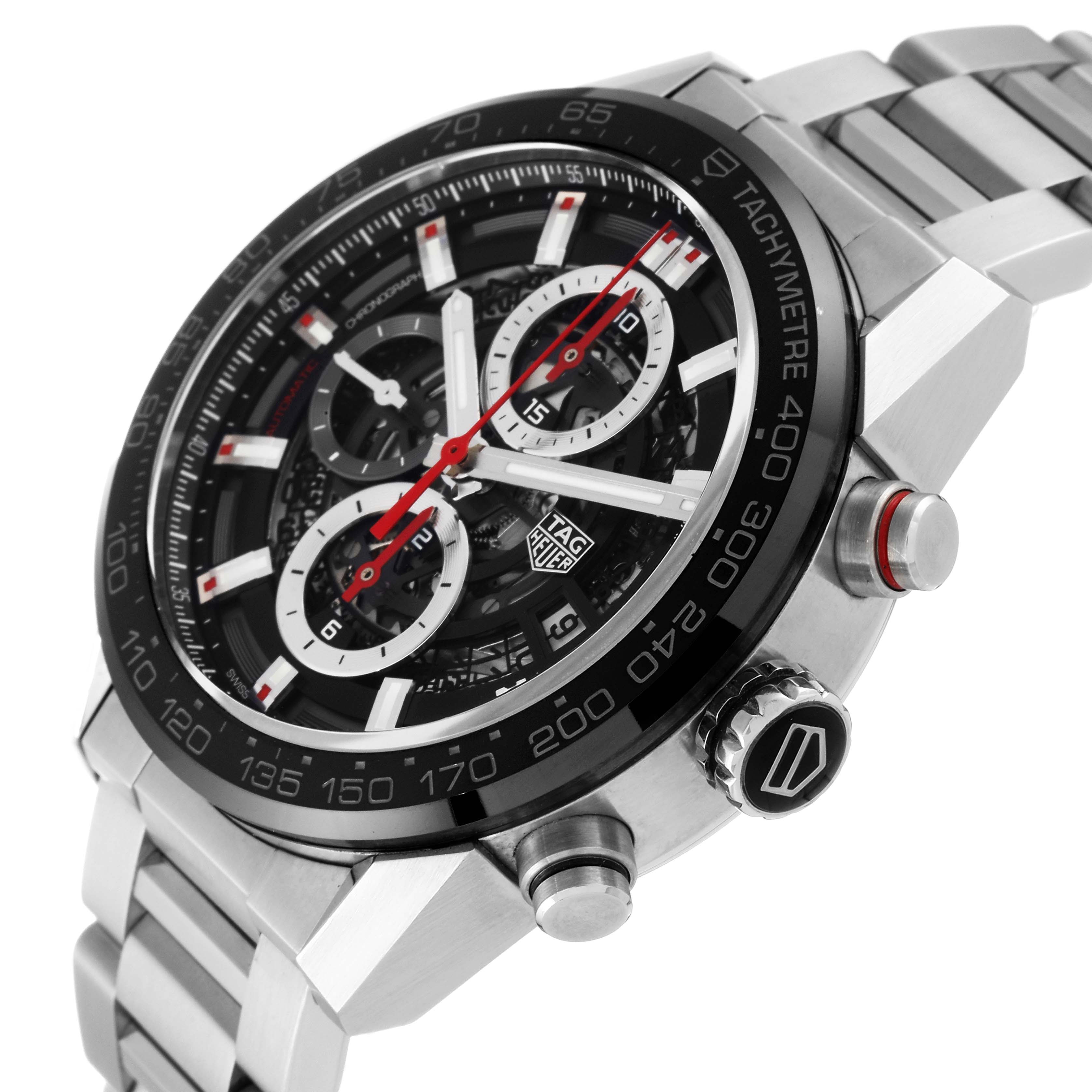 The image shows a close-up side angle of the Tag Heuer Carrera CAR201V.BA0714 Men's Stainless Steel Transparent Dial CAR201V.BA0714 Men's Stainless Steel Transparent Dial watch, highlighting its face, bezel, crown, and pushers.