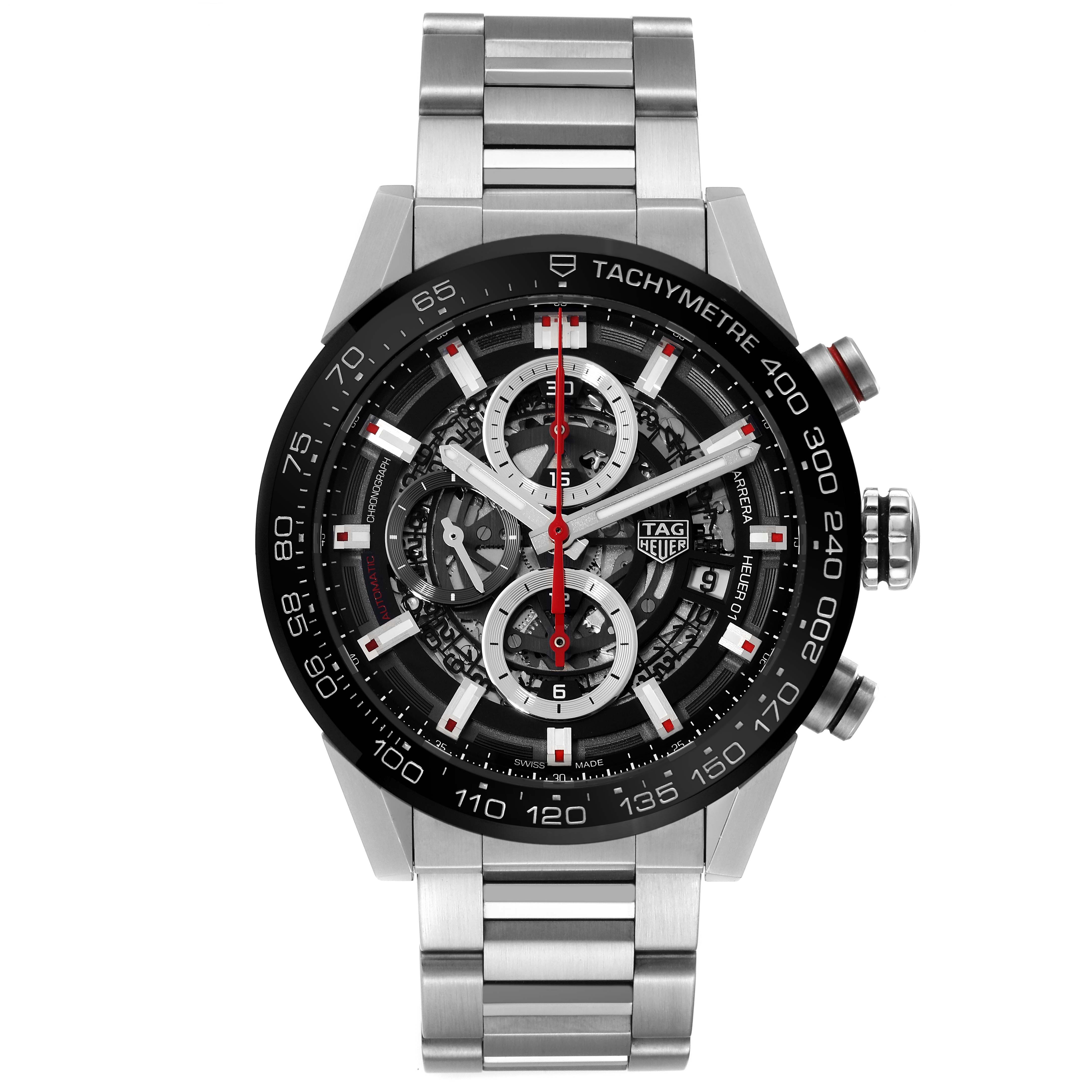The image shows a front view of the Tag Heuer Carrera CAR201V.BA0714 Men's Stainless Steel Transparent Dial CAR201V.BA0714 Men's Stainless Steel Transparent Dial watch displaying its dial, tachymeter bezel, and metal bracelet.